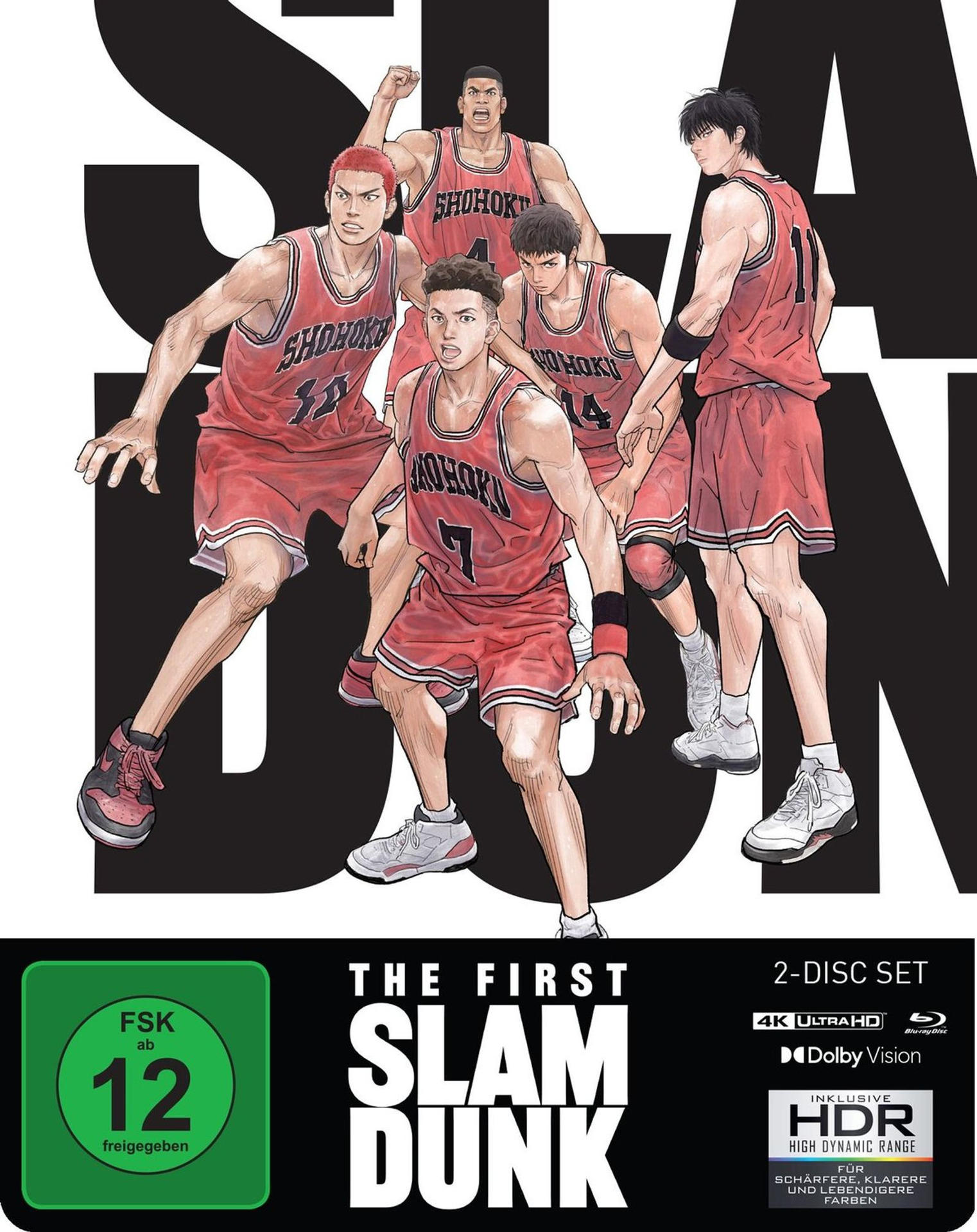 Illustration von fünf Basketballspielern in roten Uniformen. Titel: The First Slam Dunk. Enthält eine Altersfreigabe ab 12 Jahren und 4K Ultra HD.