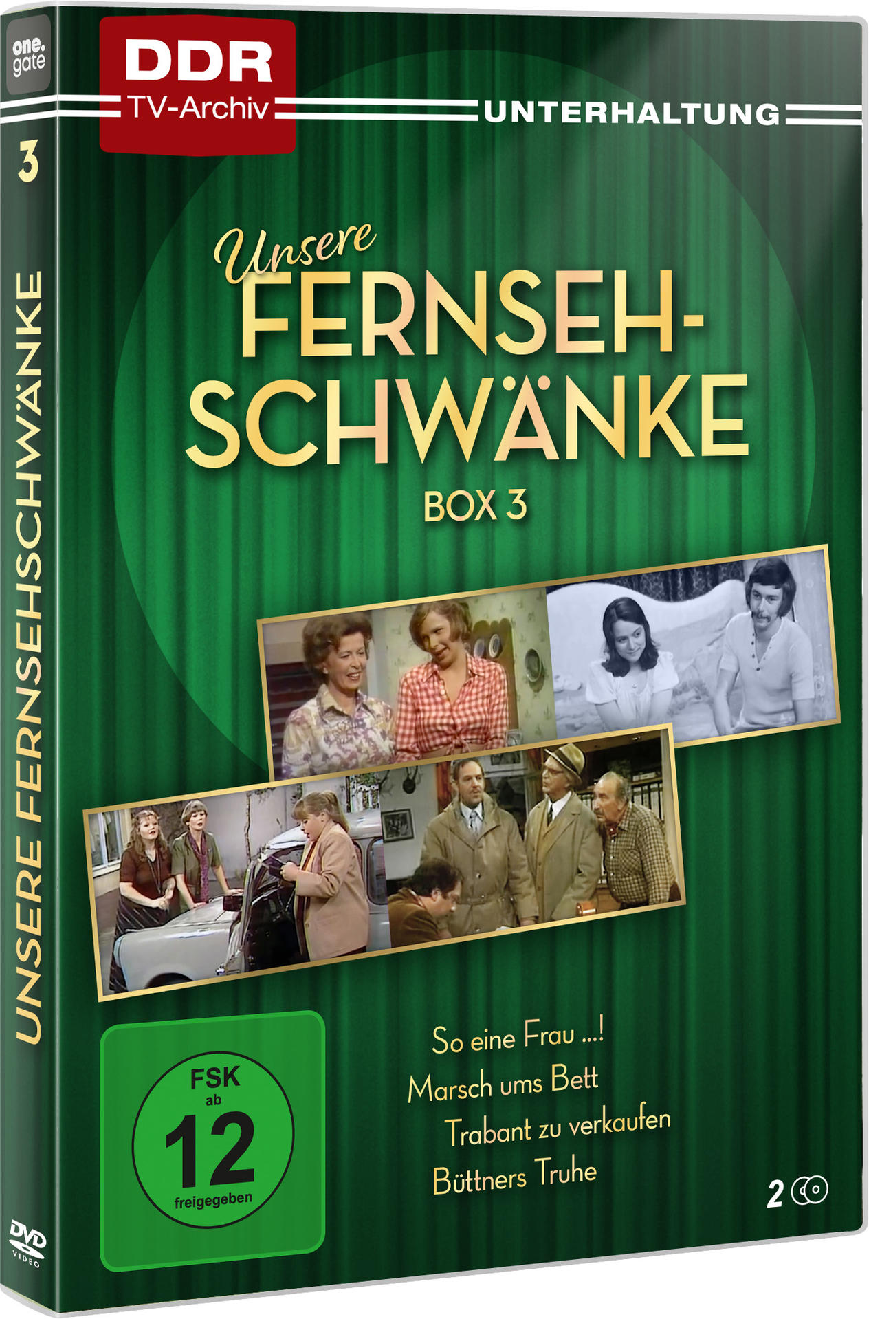 DVD-Box-Set, 'Unsere Fernsehschwänke Box 3', mit Bildern von Schauspielern und grünem Hintergrund. Enthält FSK 12 Bewertung.