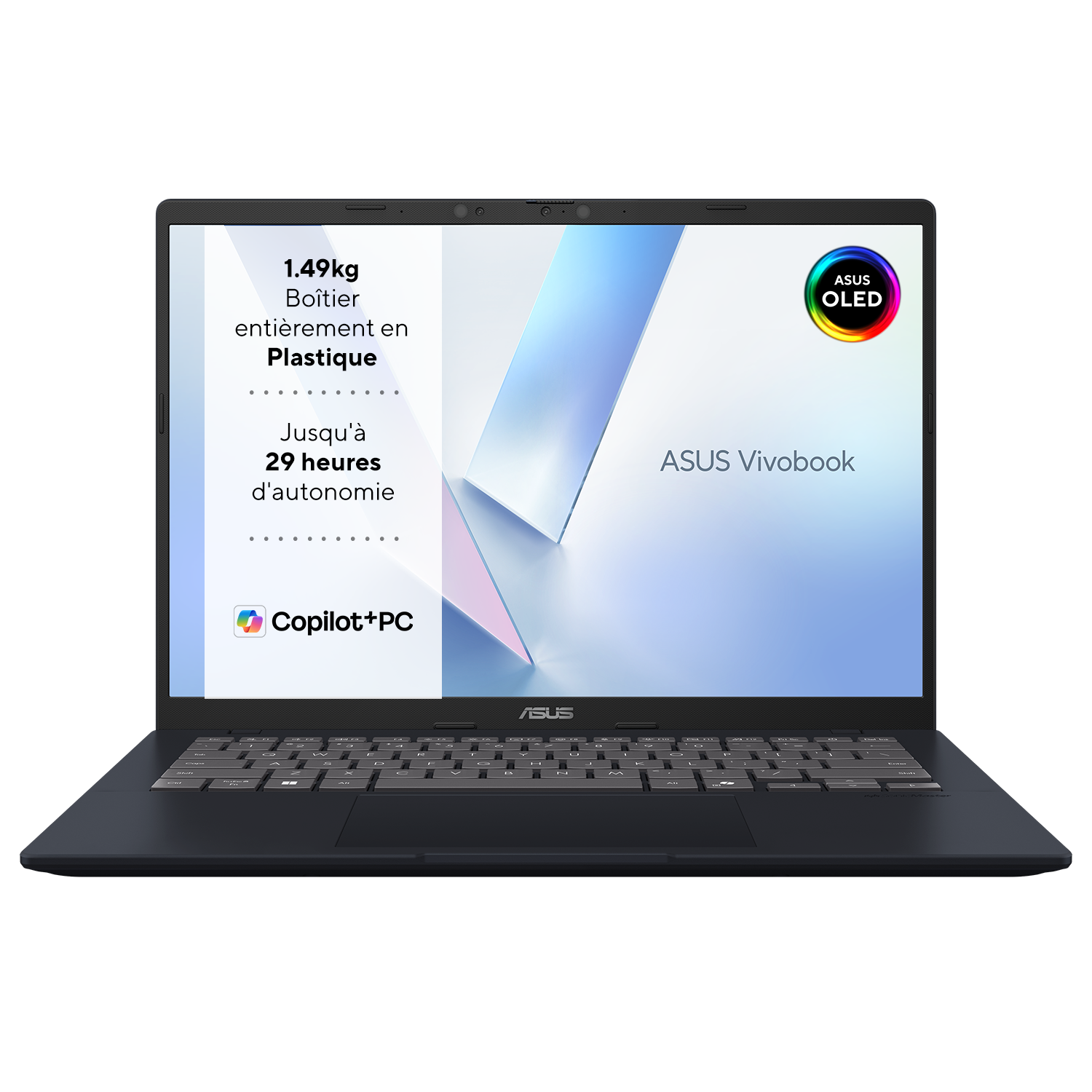Un ordinateur portable ASUS Vivobook ouvert. L'écran affiche les spécifications : 1,49 kg, corps en plastique, 29 heures de batterie. Logo ASUS OLED visible.