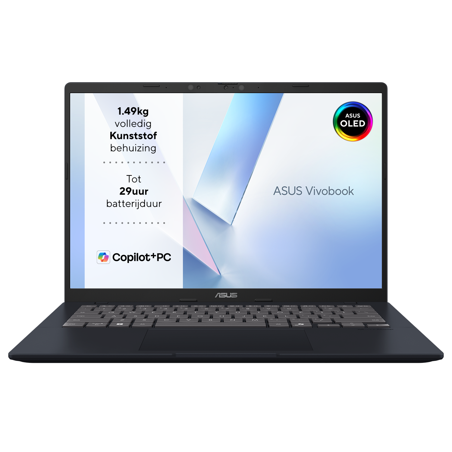 An ASUS Vivobook laptop is open. The screen displays text about its features, including weight, battery life, and Copilot+PC.