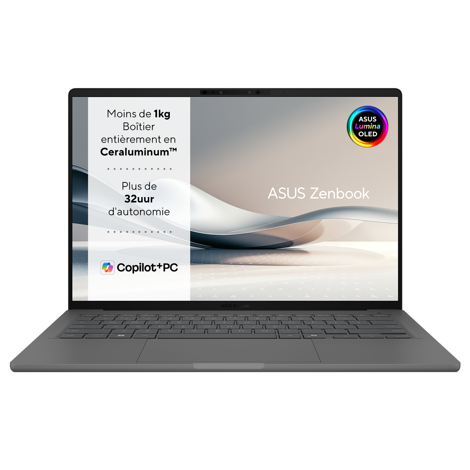 Un ordinateur portable ASUS Zenbook gris est affiché. L'écran affiche du texte en français. Les caractéristiques incluent Ceraluminum, une longue autonomie et Copilot+PC.