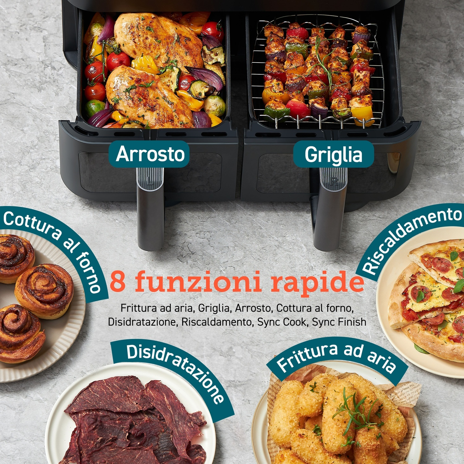 Una friggitrice ad aria mostra pollo e spiedini cotti, insieme ad altri alimenti come pizza, pasticcini e carne secca, indicando varie funzioni di cottura.
