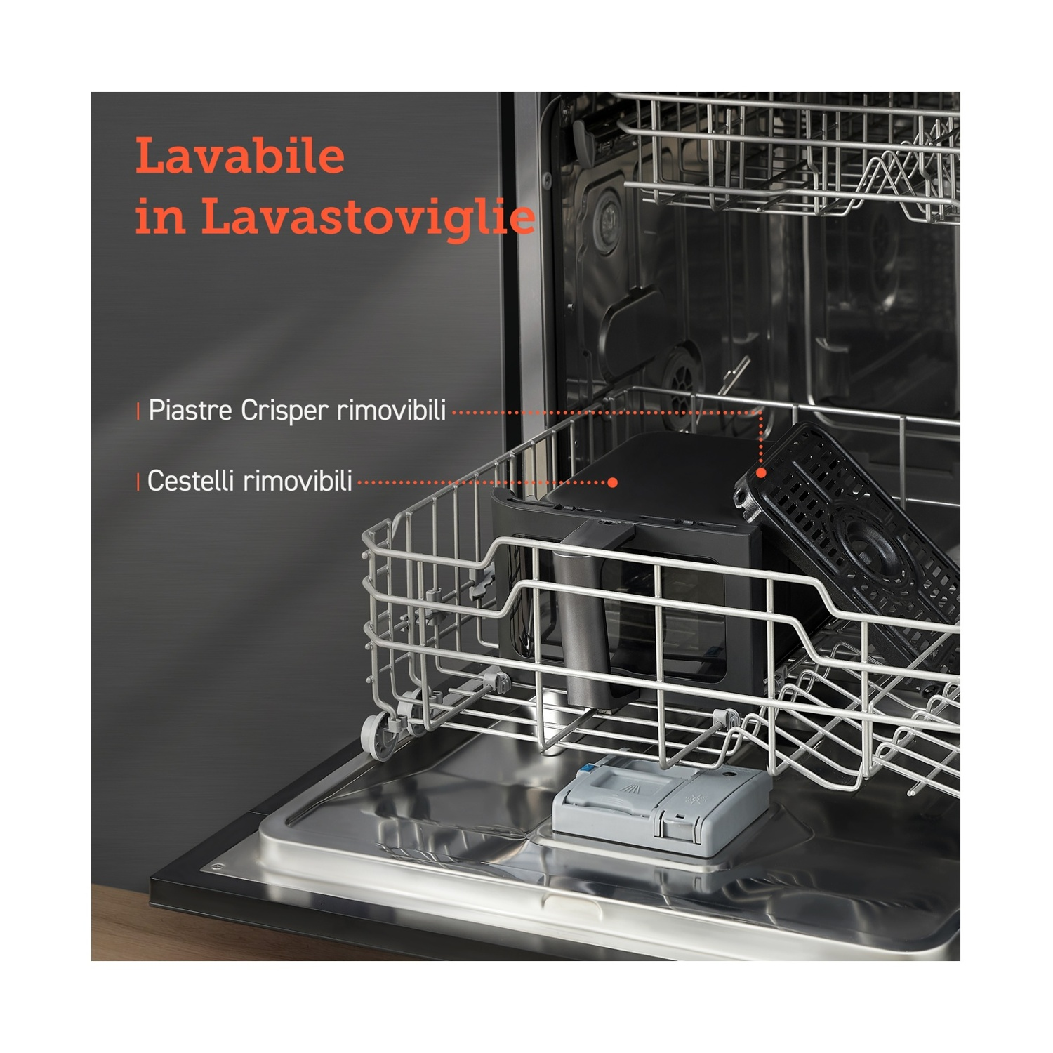Interno lavastoviglie con piastre e cestelli rimovibili. Il testo indica parti lavabili in lavastoviglie.