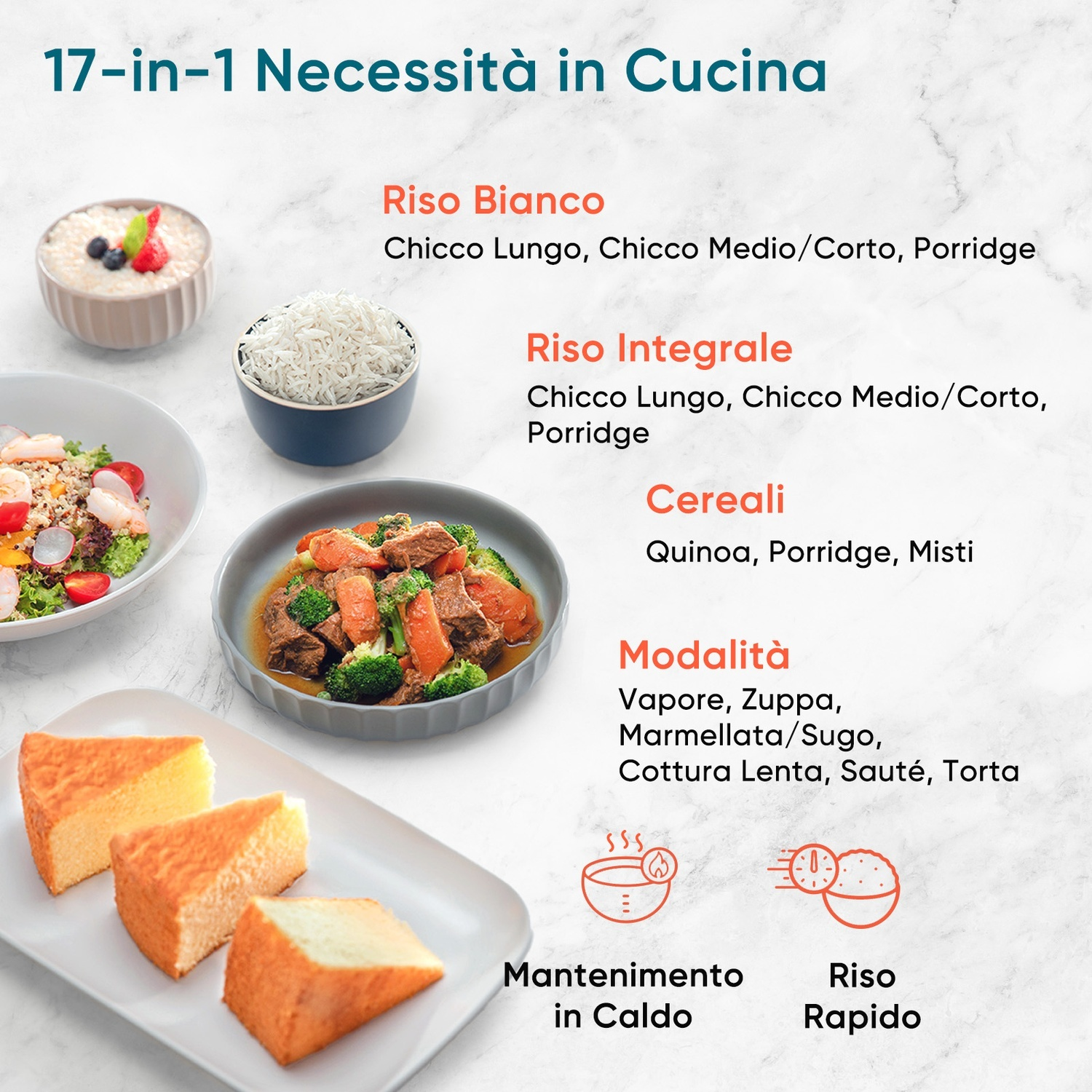 Una pubblicità per un elettrodomestico da cucina, che mostra diversi alimenti come riso, verdure, torta e icone per le modalità di cottura.