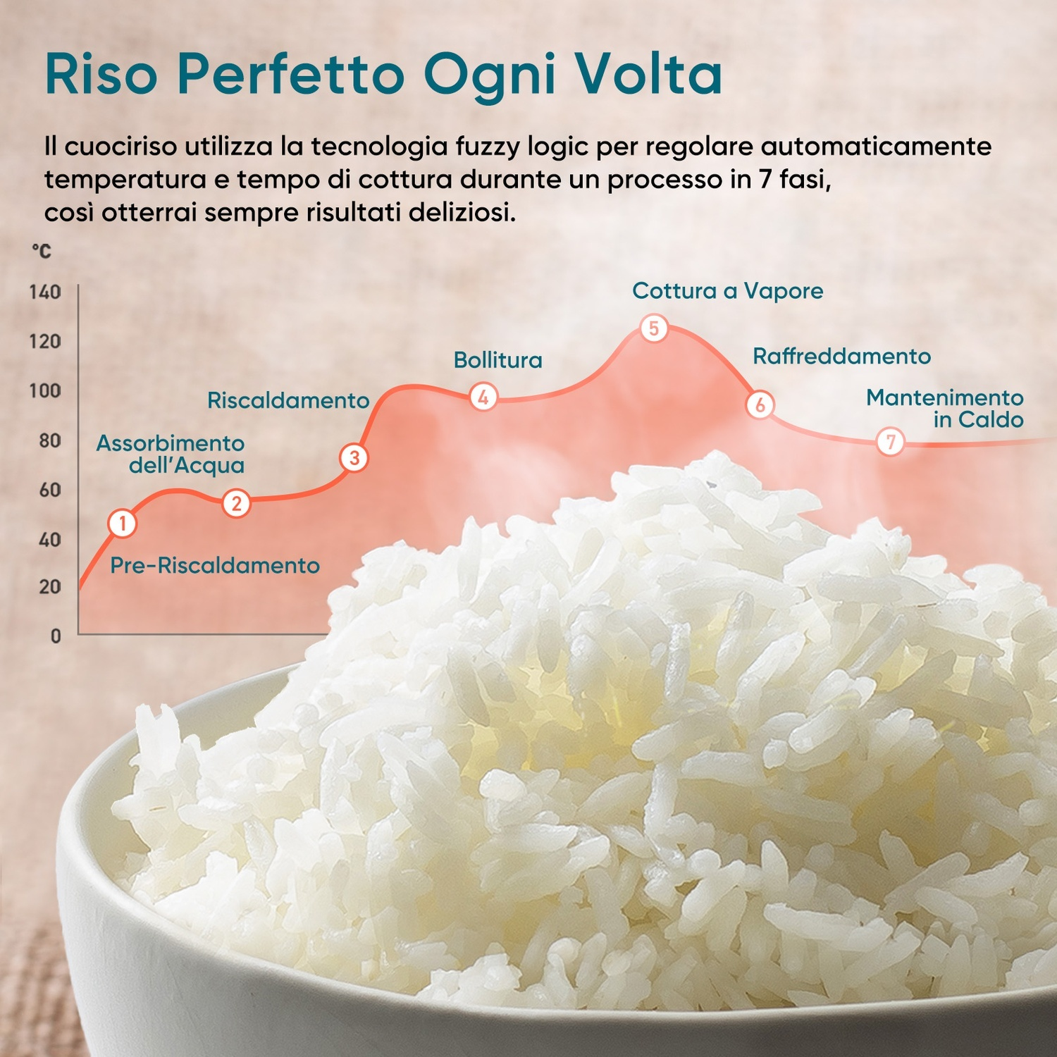 Una ciotola di riso cotto con un grafico della temperatura che illustra il processo di cottura, comprese le fasi di preriscaldamento e vapore.