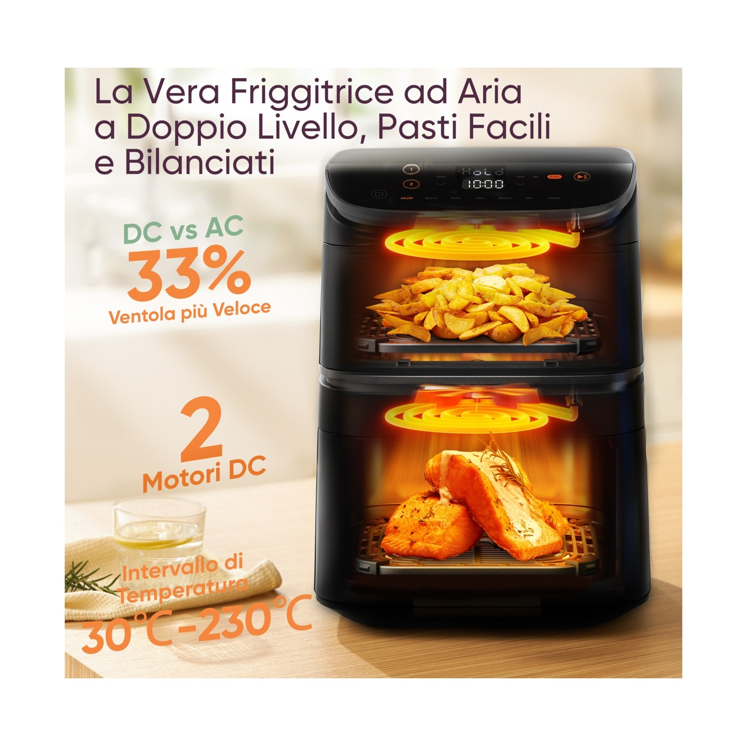 Una friggitrice ad aria a due livelli con cibo all'interno. Sopra patatine fritte, sotto salmone. Il testo evidenzia le funzioni e la temperatura.