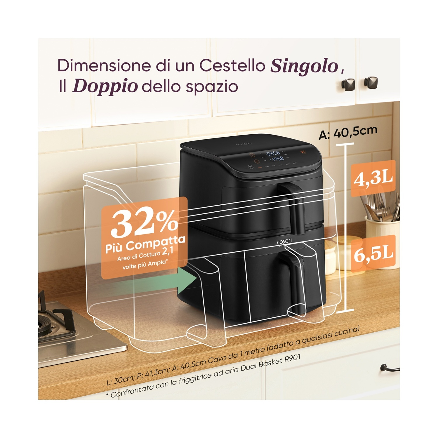 Friggitrice ad aria nera con display digitale. Testo mostra dimensioni, volume e confronto. Ambiente cucina.