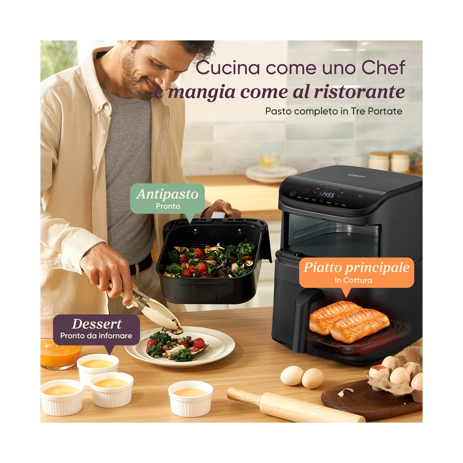 Un uomo usa le pinze per mettere il cibo su un piatto. Una friggitrice ad aria è sulla destra. Ci sono uova e ciotole per dessert sul tavolo.