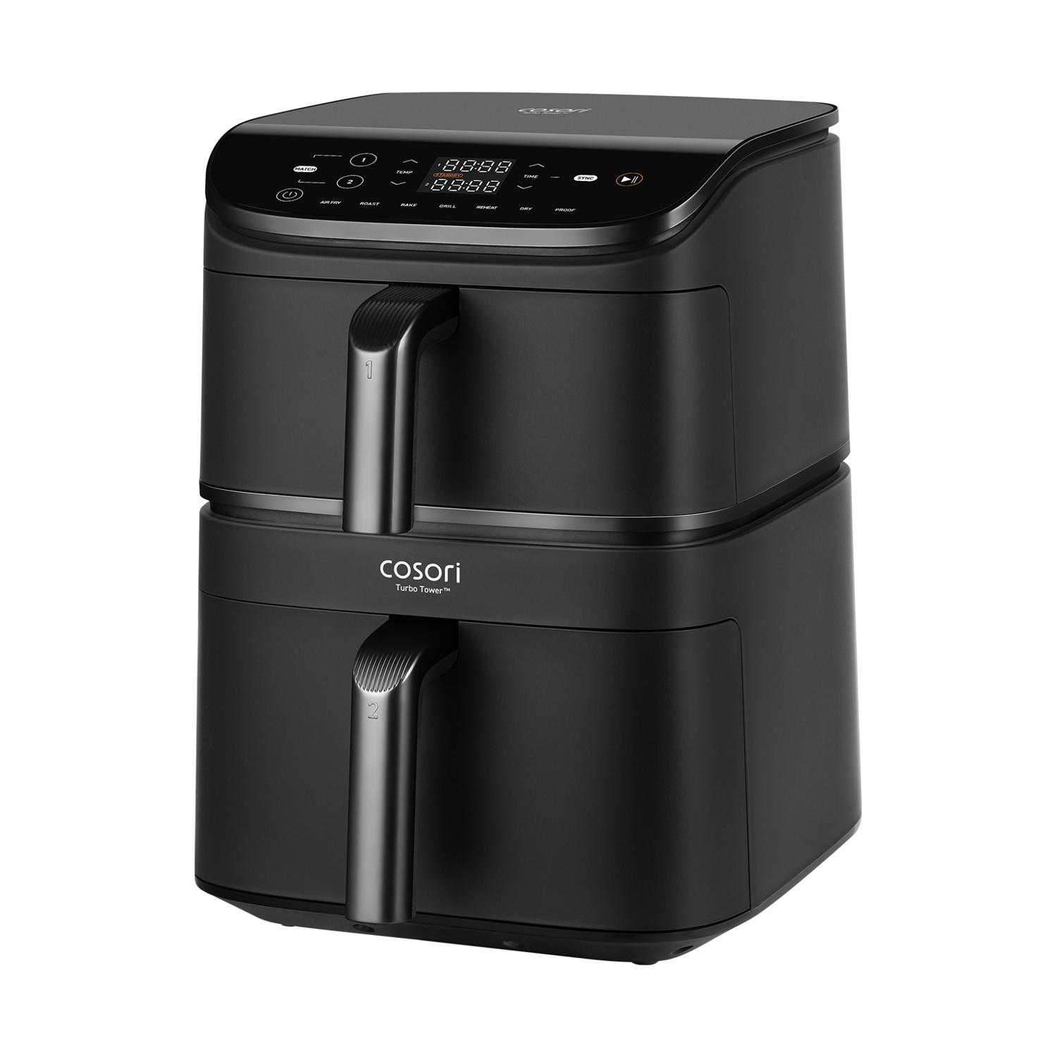 Una friggitrice ad aria nera Cosori Turbo Tower. Ha un display digitale, due maniglie e un design impilato. Lo sfondo è bianco.