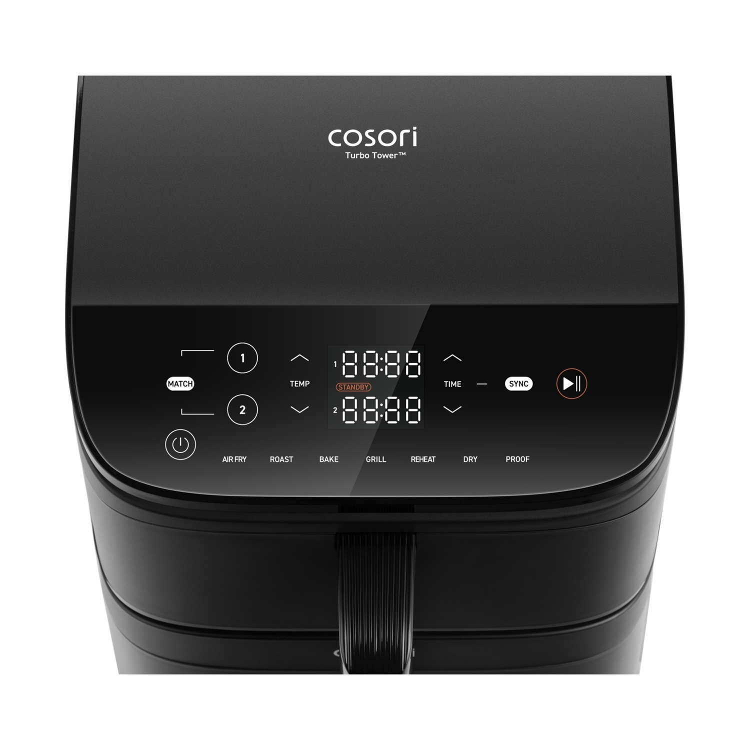 Friggitrice ad aria Cosori nera con display digitale che mostra le impostazioni di tempo e temperatura. Pannello di controllo con pulsanti.