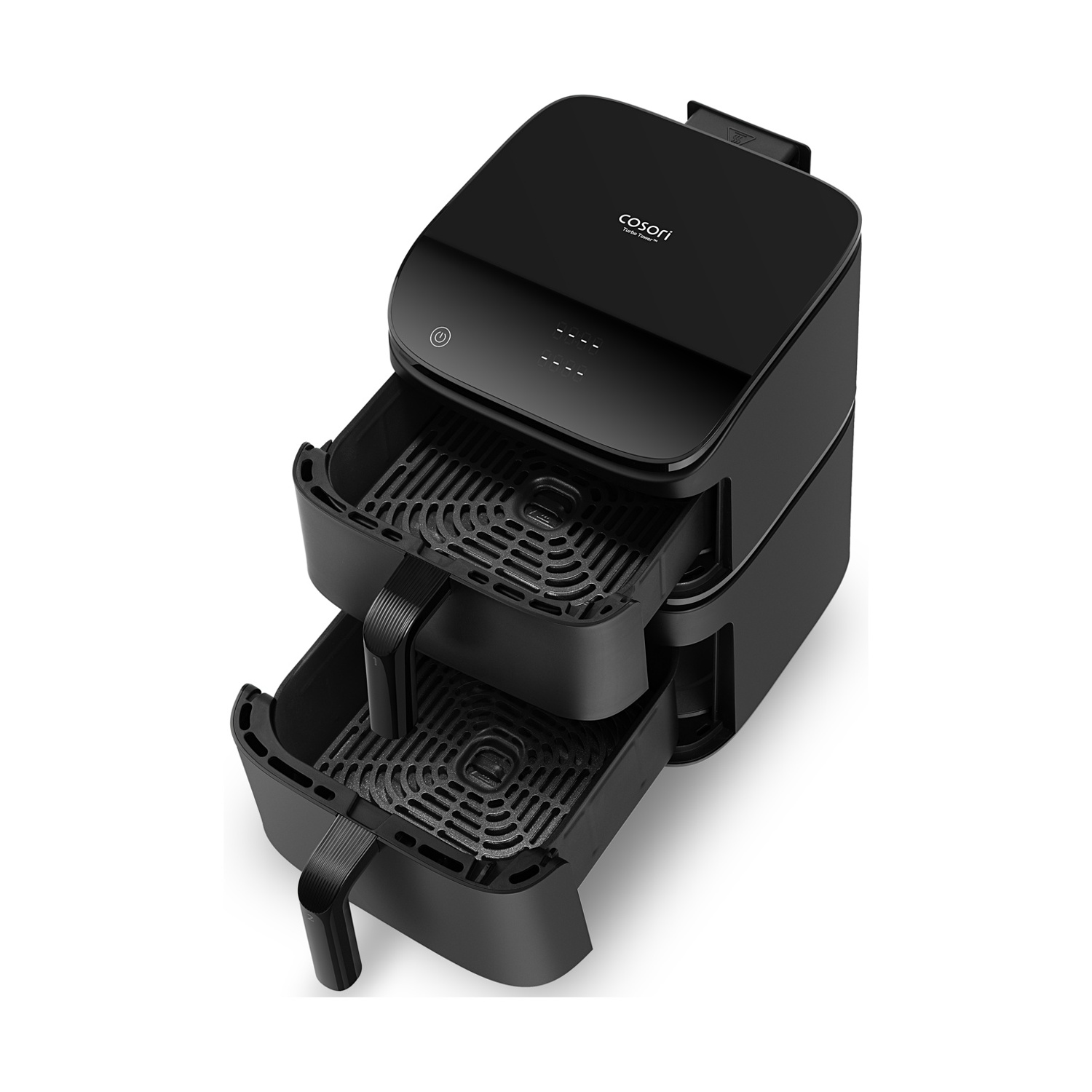 Una friggitrice ad aria Cosori Turbo Tower nera con due cestelli estraibili. Ha un display digitale e un pulsante di accensione.