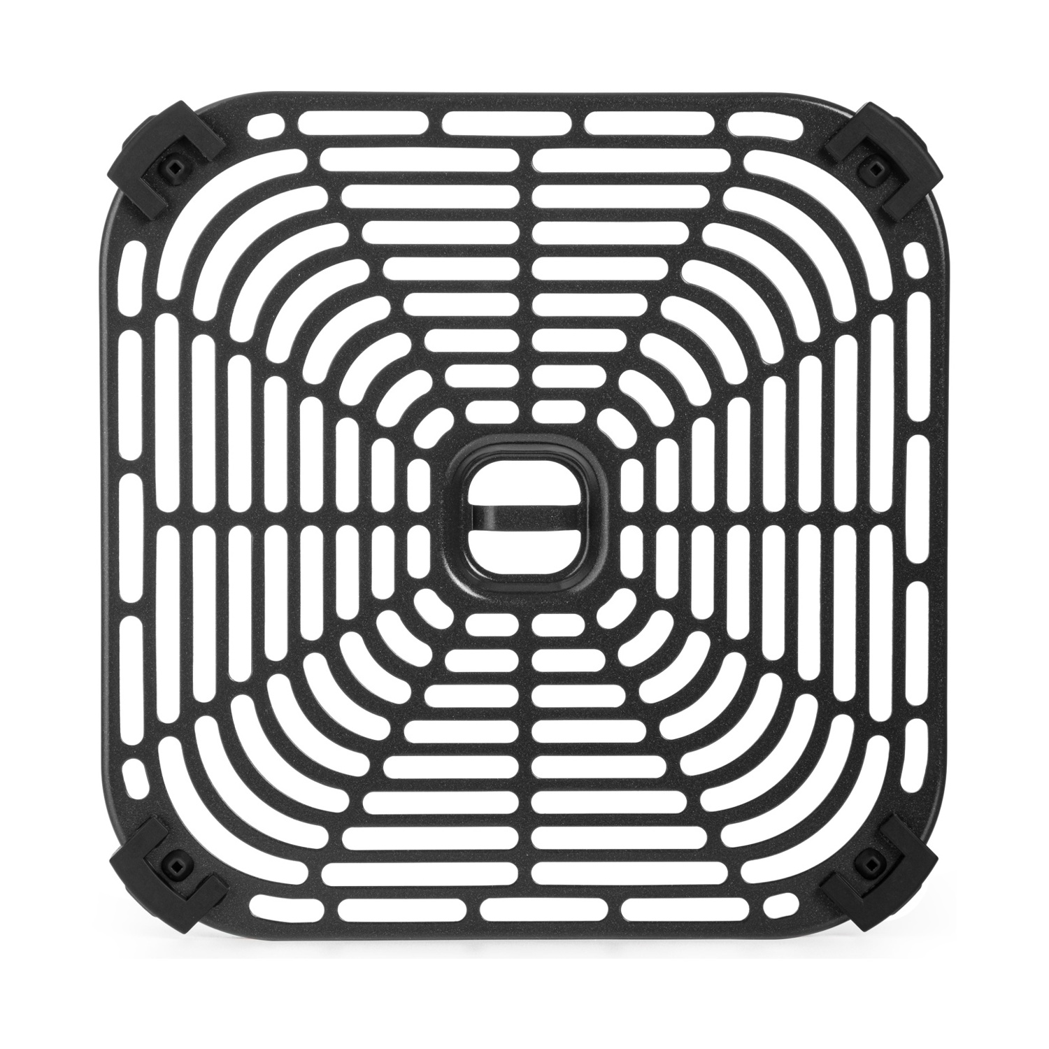 Un cestello nero quadrato per friggitrice ad aria con design a griglia, angoli arrotondati e piedini neri.