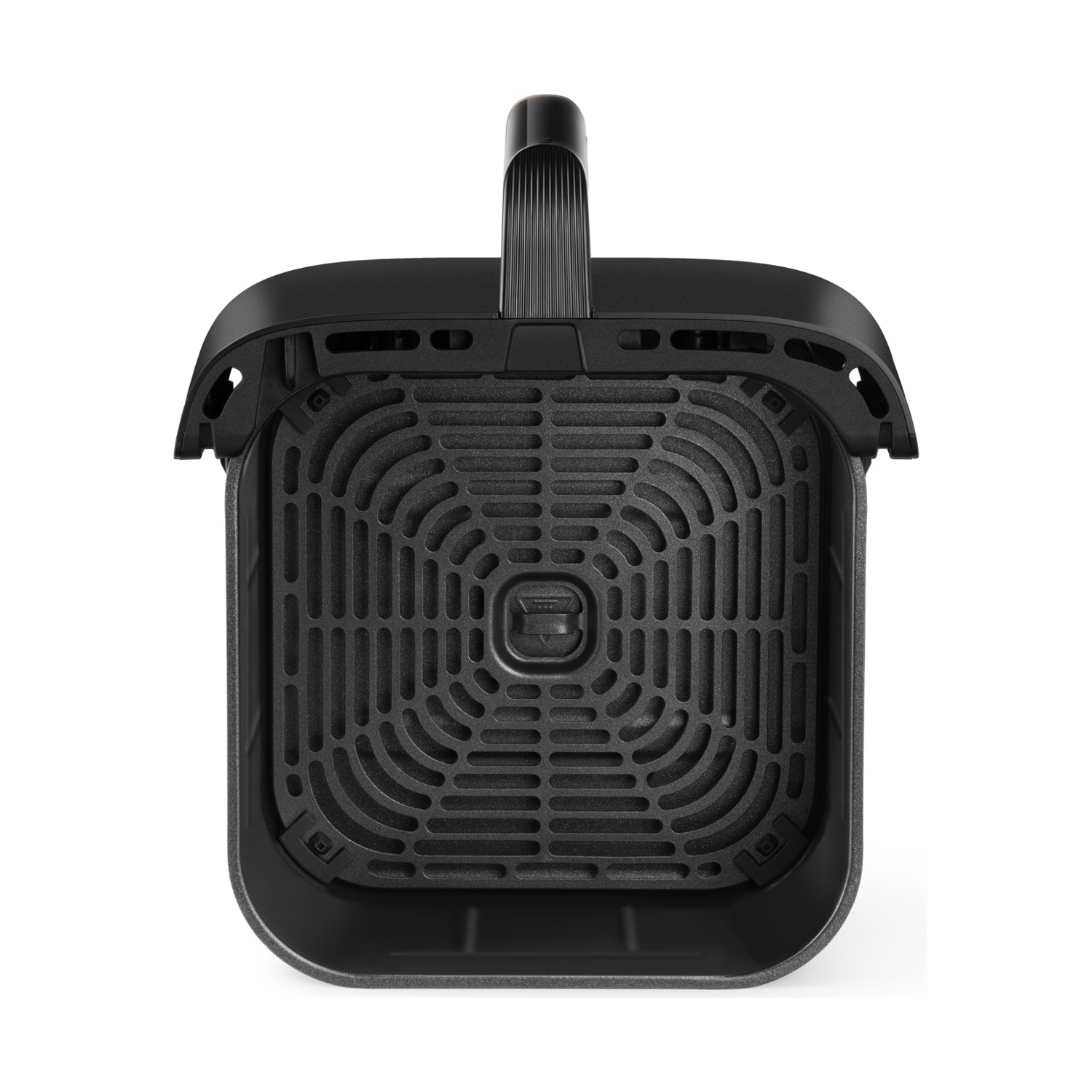 Cestello per friggitrice ad aria nero, vista dall'alto, con maniglia. Il cestello ha un design quadrato con interno a motivi e colore grigio scuro.