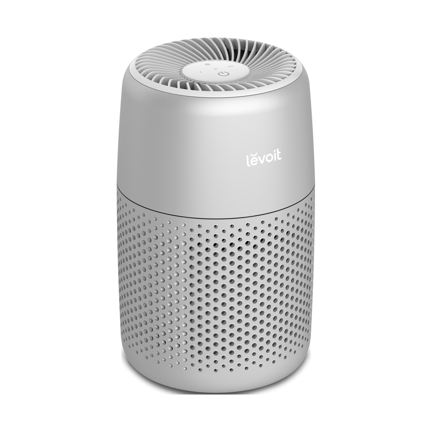 Un purificatore d'aria Levoit argentato. Ha un design cilindrico con una sezione inferiore perforata e una parte superiore con fessure.