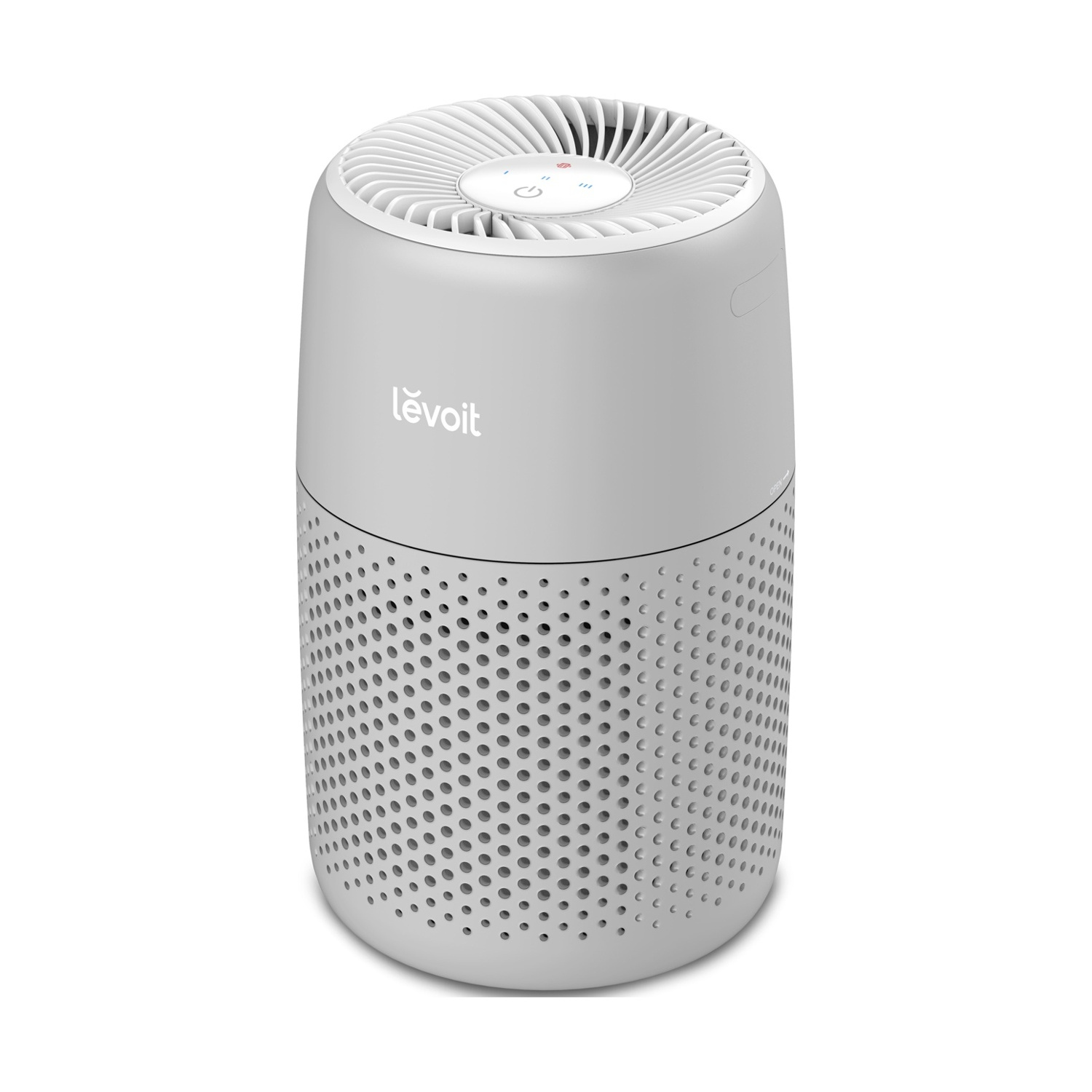 Un purificatore d'aria Levoit grigio. Ha una sezione inferiore perforata e una parte superiore con ventola e pannello di controllo. Lo sfondo è bianco.