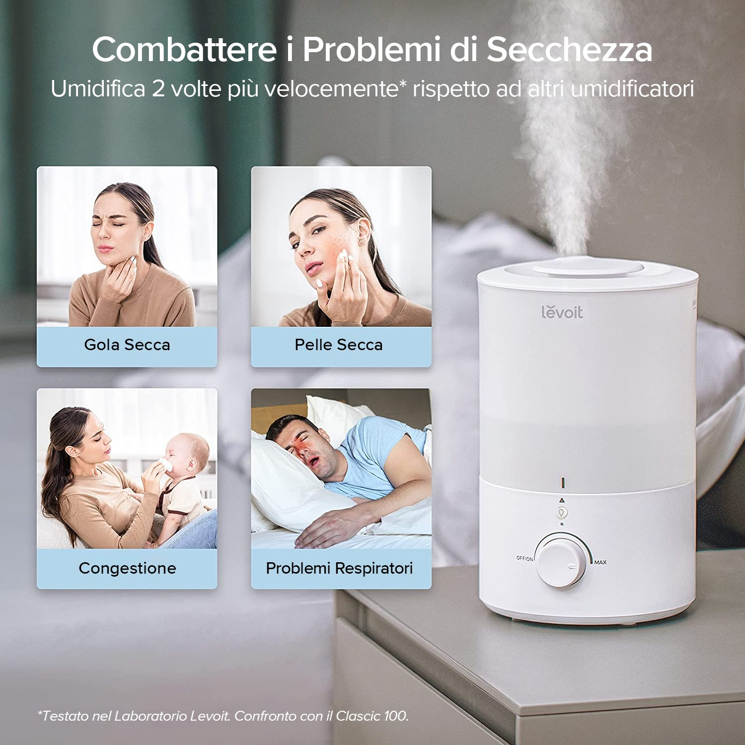 Umidificatore Levoit bianco, con vapore, su una superficie grigia. Immagini mostrano persone con pelle secca, congestione e problemi respiratori.