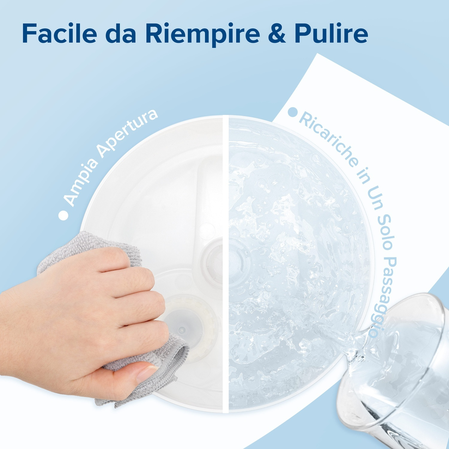 Una mano pulisce un elettrodomestico bianco con un panno grigio. L'acqua viene versata nell'elettrodomestico da un bicchiere, mostrando un facile riempimento.