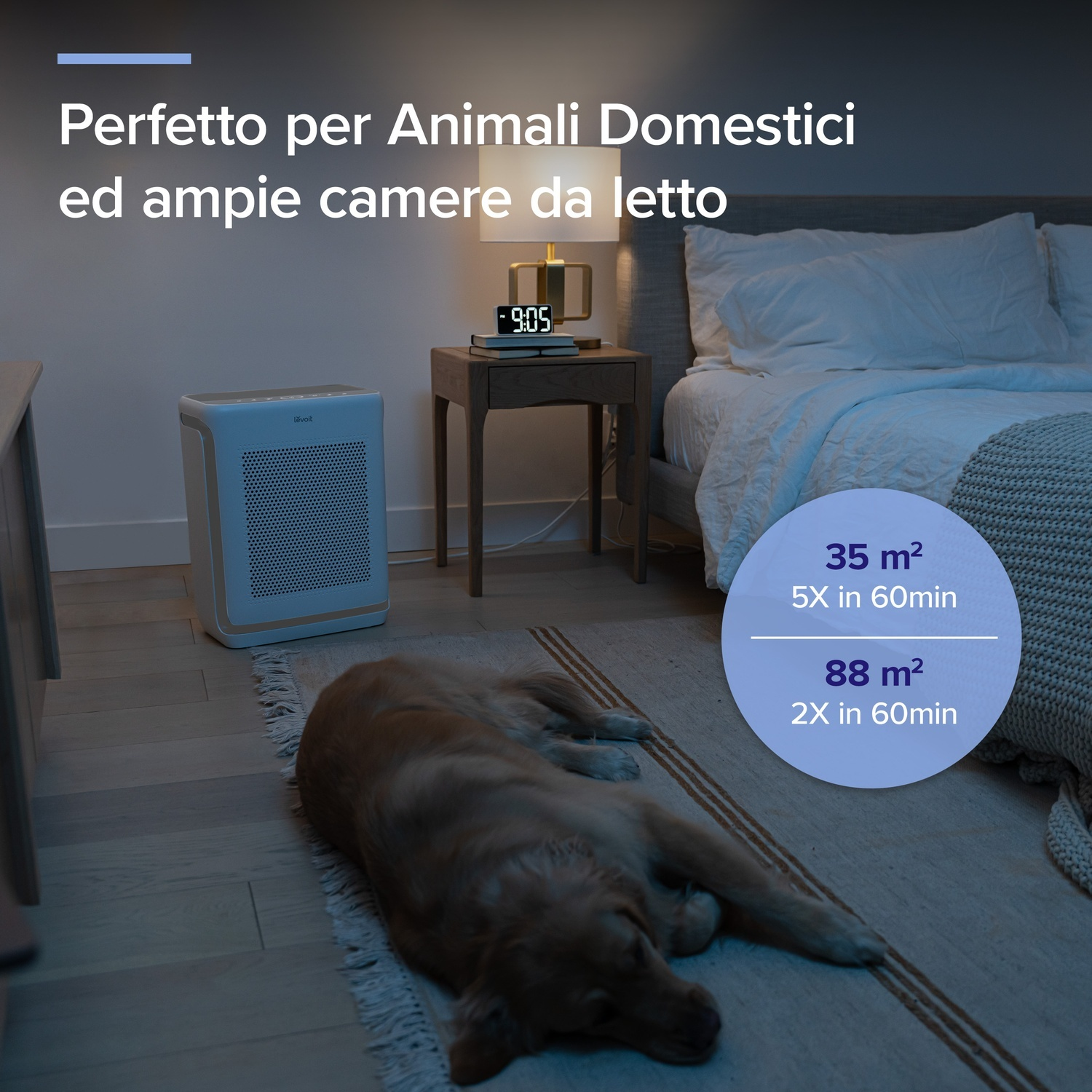 Una camera da letto con un purificatore d'aria, un cane sul tappeto, un letto e un comodino con una sveglia.