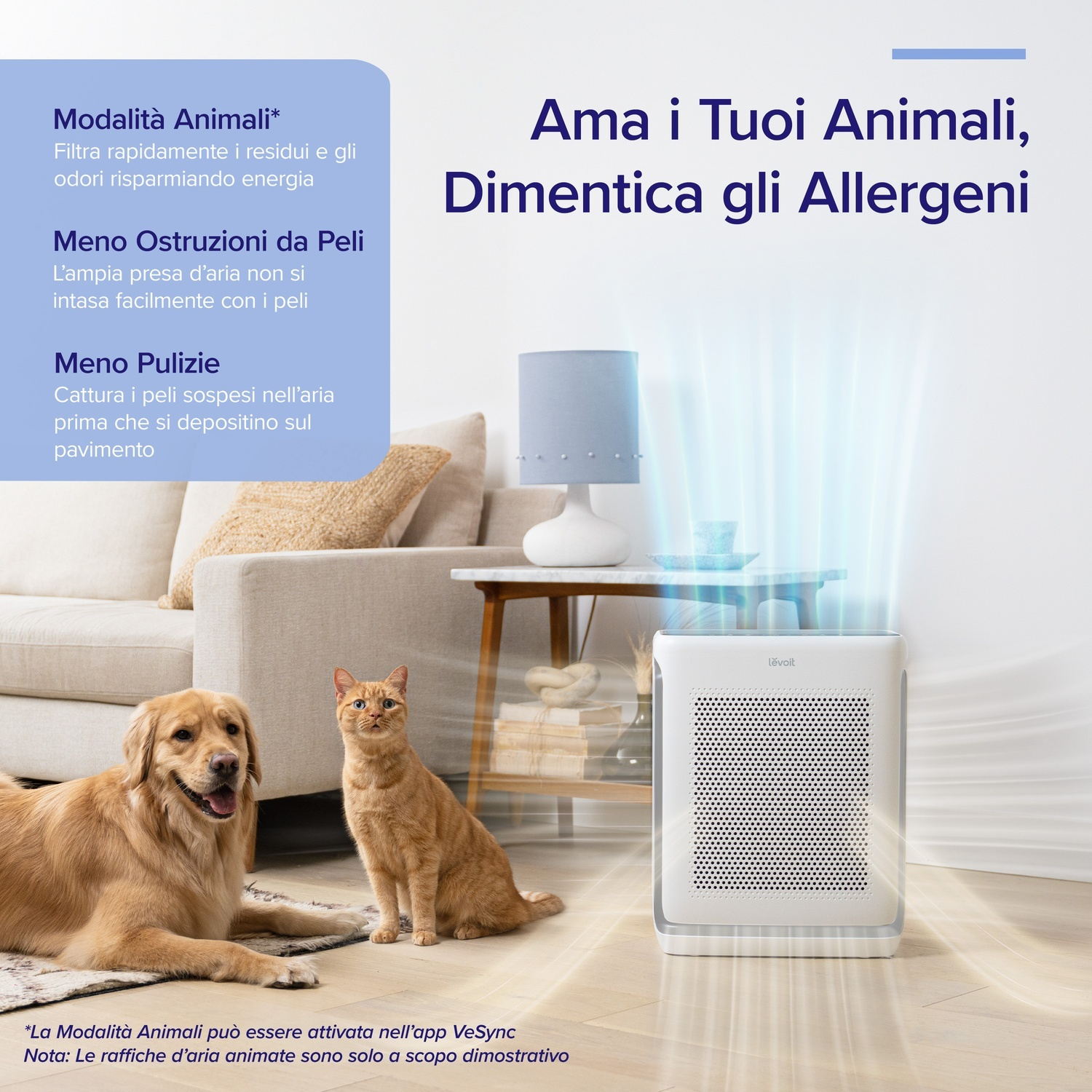 Un golden retriever e un gatto arancione sono seduti vicino a un purificatore d'aria bianco. L'immagine promuove la purificazione dell'aria per i proprietari di animali domestici.