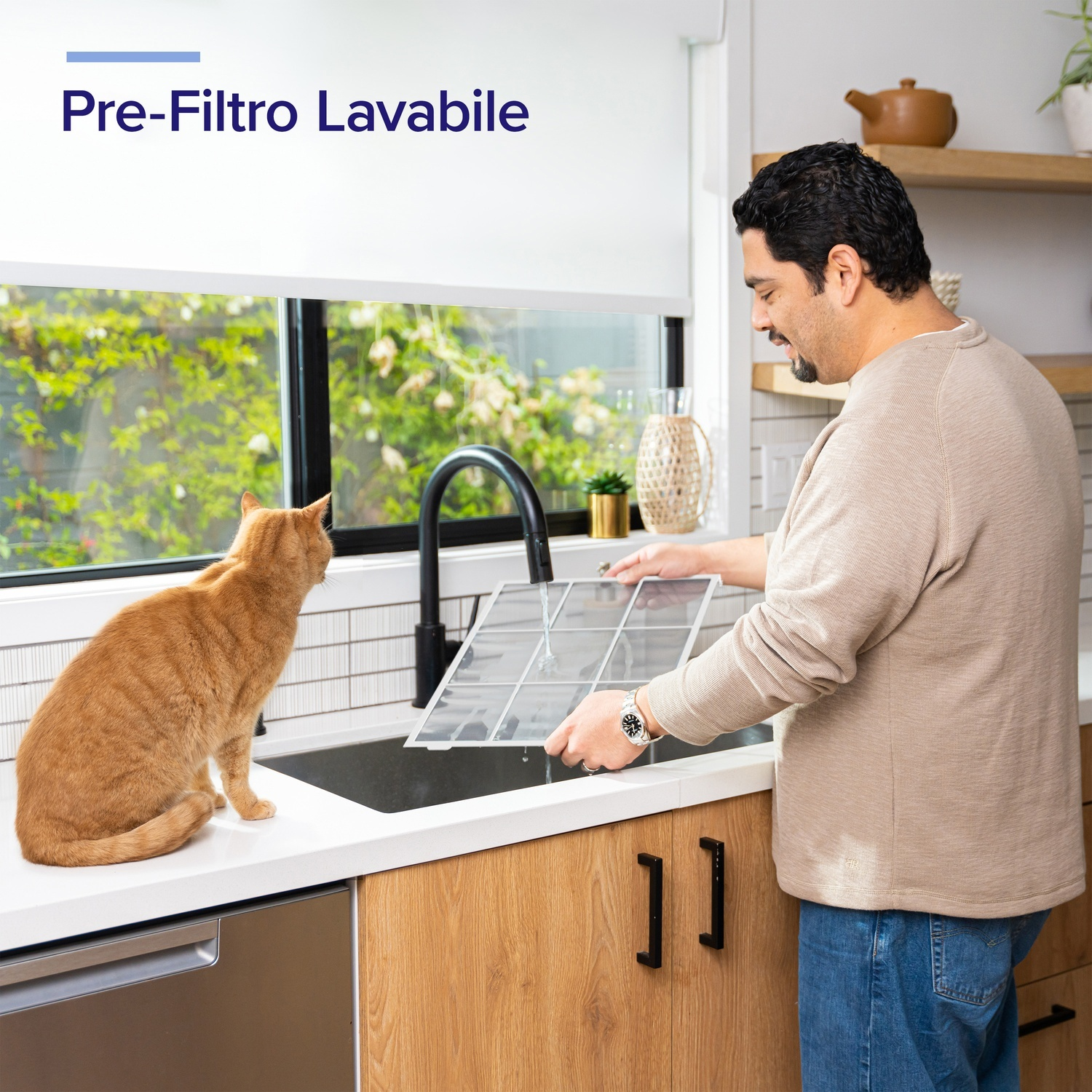 Un uomo lava un filtro dell'aria nel lavandino della cucina, un gatto rosso osserva. La cucina ha armadi in legno e una finestra con piante.