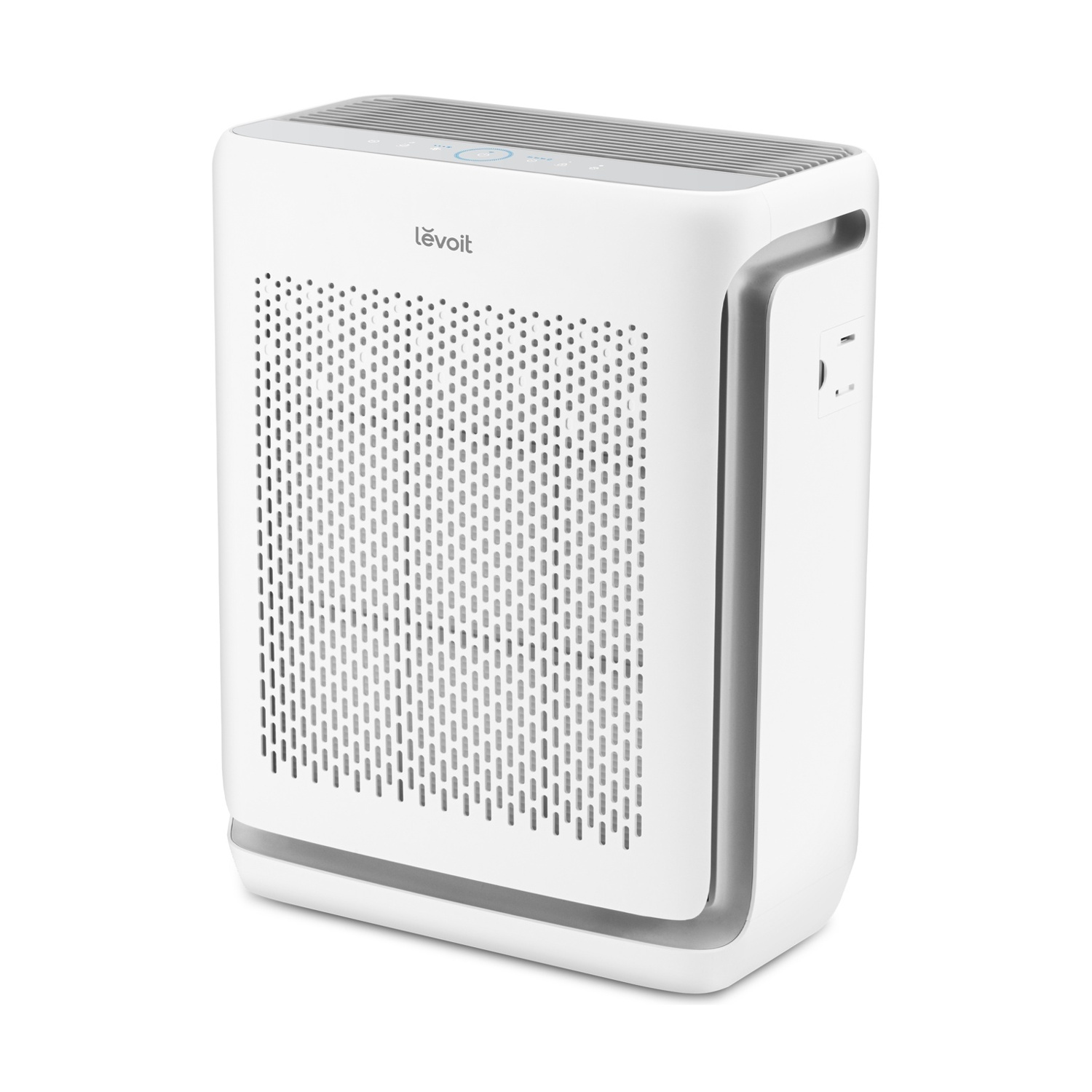 Un purificatore d'aria Levoit bianco. Ha un pannello frontale perforato, una parte superiore con comandi e finiture grigie superiori e inferiori.
