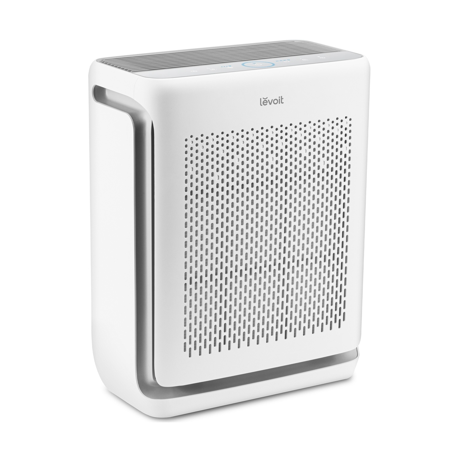 Un purificatore d'aria Levoit bianco. Ha una parte anteriore perforata, un pannello di controllo superiore e bordi arrotondati. Lo sfondo è bianco.