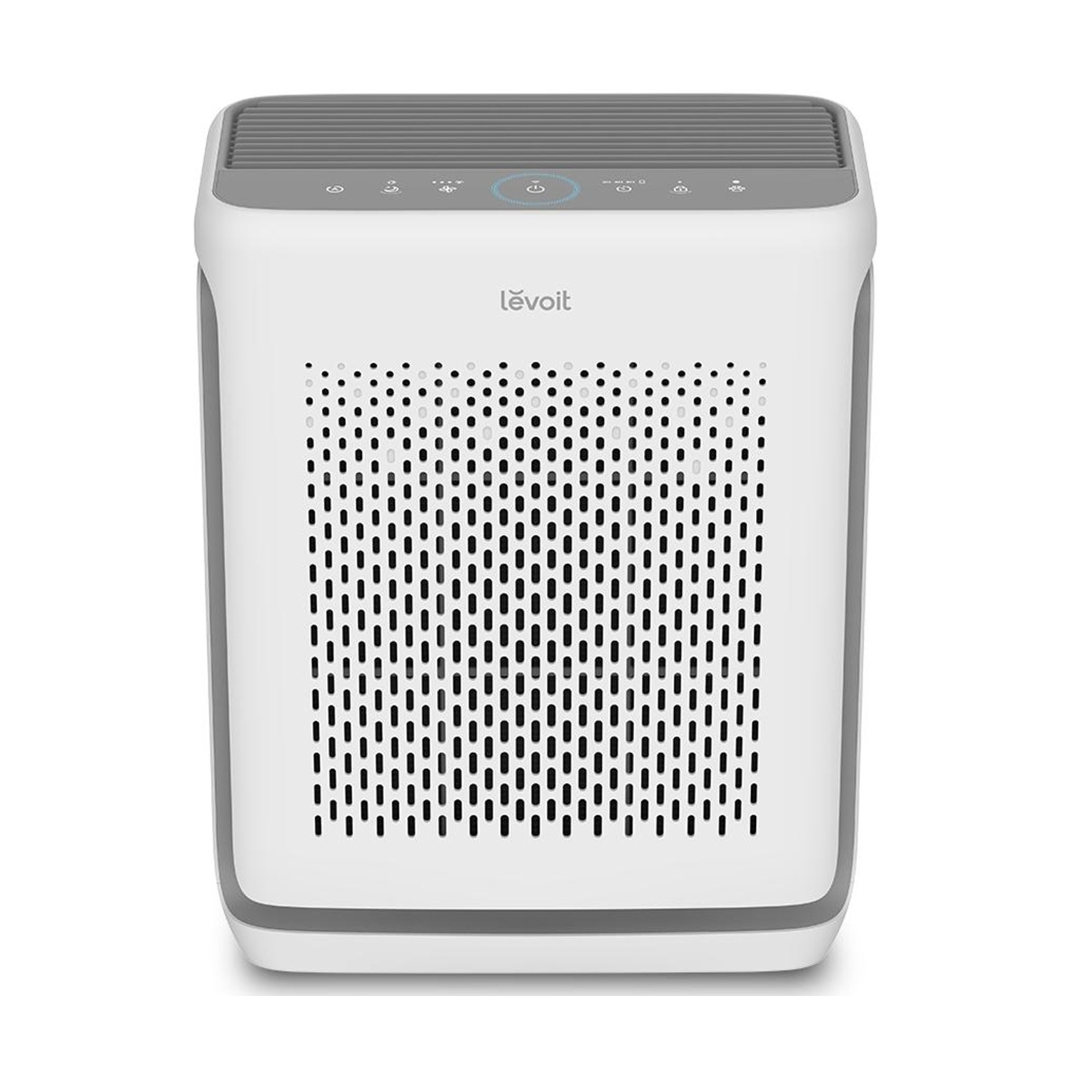 Purificatore d'aria Levoit bianco e grigio. Ha un pannello frontale perforato e un pannello di controllo superiore con icone.