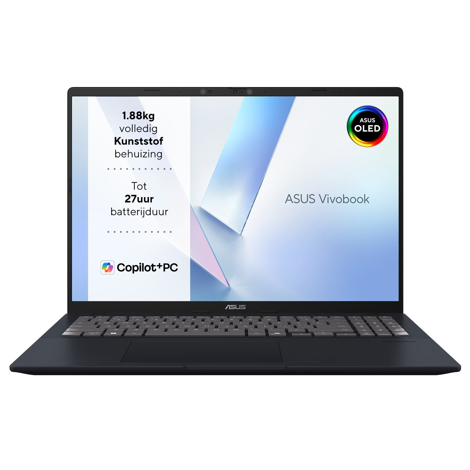 An ASUS Vivobook laptop is open. The screen displays information. Text includes weight, battery life, and the ASUS OLED logo.