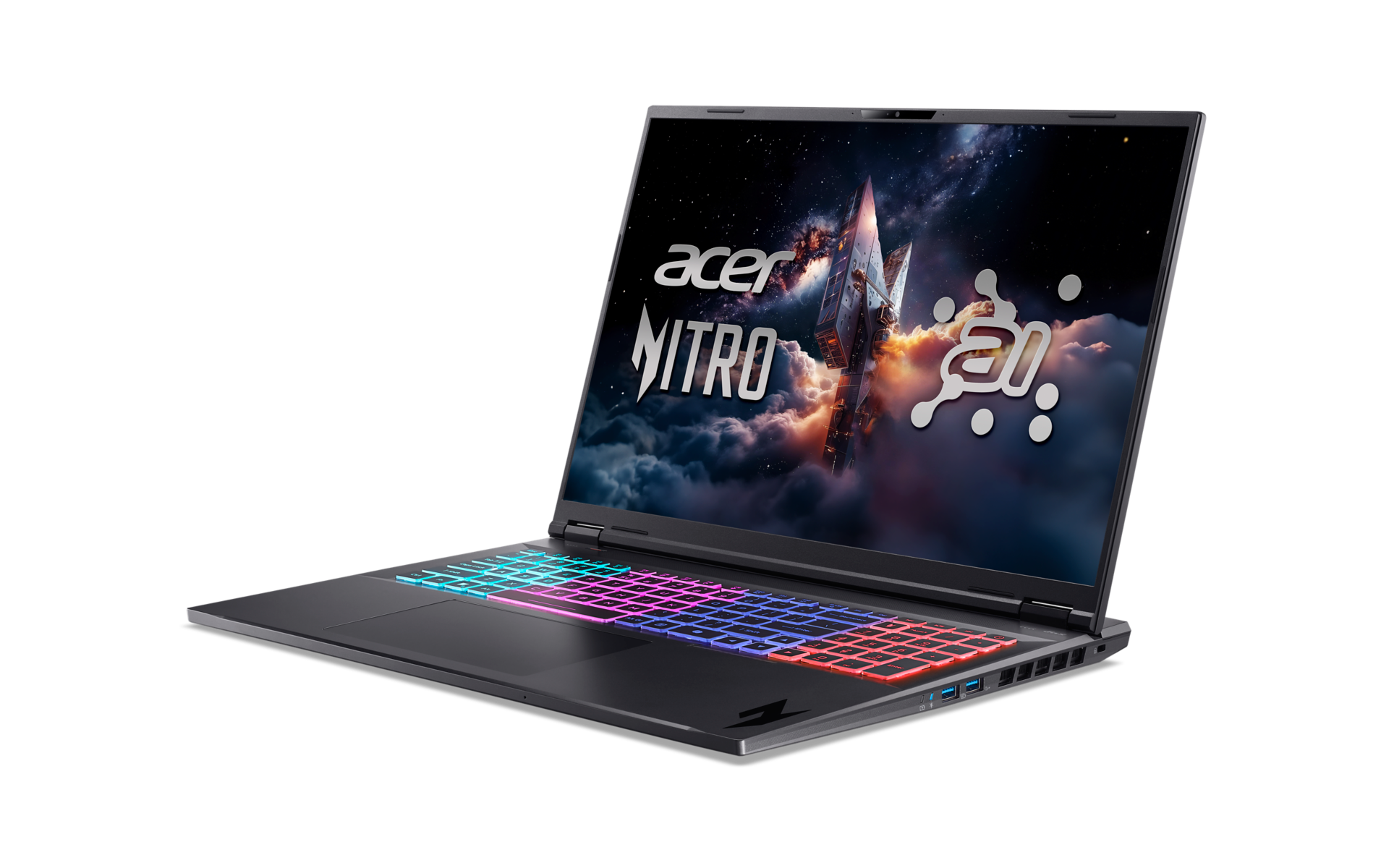 Ein schwarzer Acer Nitro Laptop mit bunter Hintergrundbeleuchtung der Tastatur. Der Bildschirm zeigt eine Weltraumszene mit dem Acer Nitro Logo.