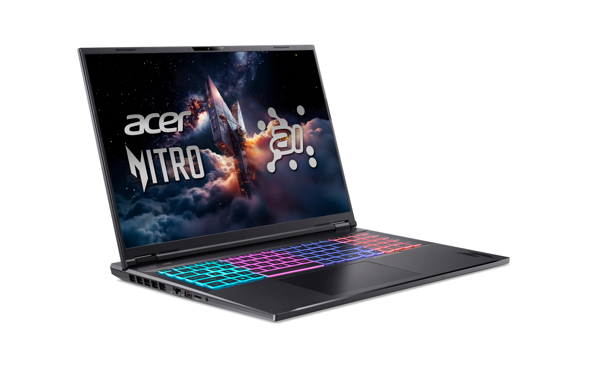 Acer Nitro Gaming-Laptop. Der Bildschirm zeigt ein Raumschiff und ein Logo. Die Tastatur hat bunte Lichter. Schwarzes Gehäuse.