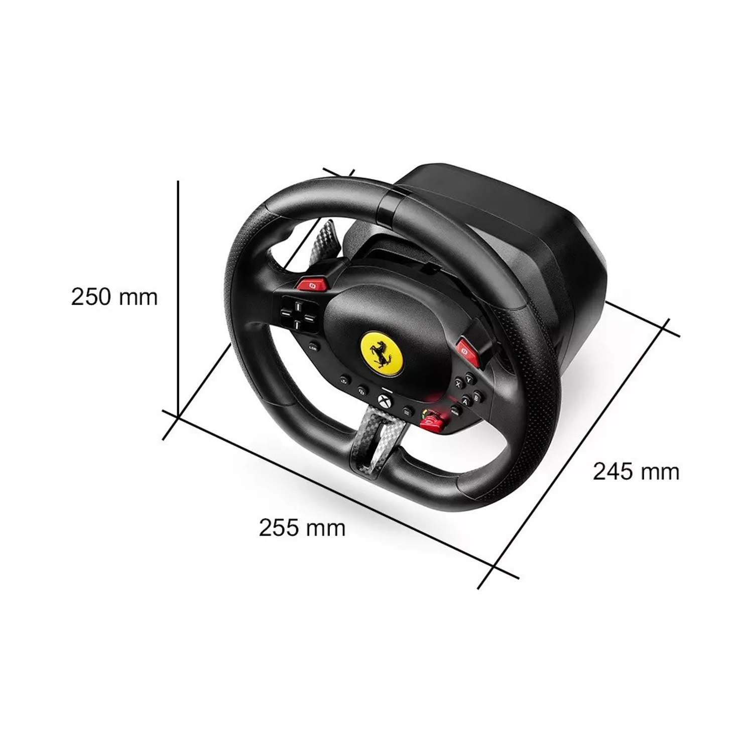Un volante da corsa Ferrari nero con pulsanti rossi e logo Ferrari giallo. Dimensioni: 250 mm, 255 mm, 245 mm.