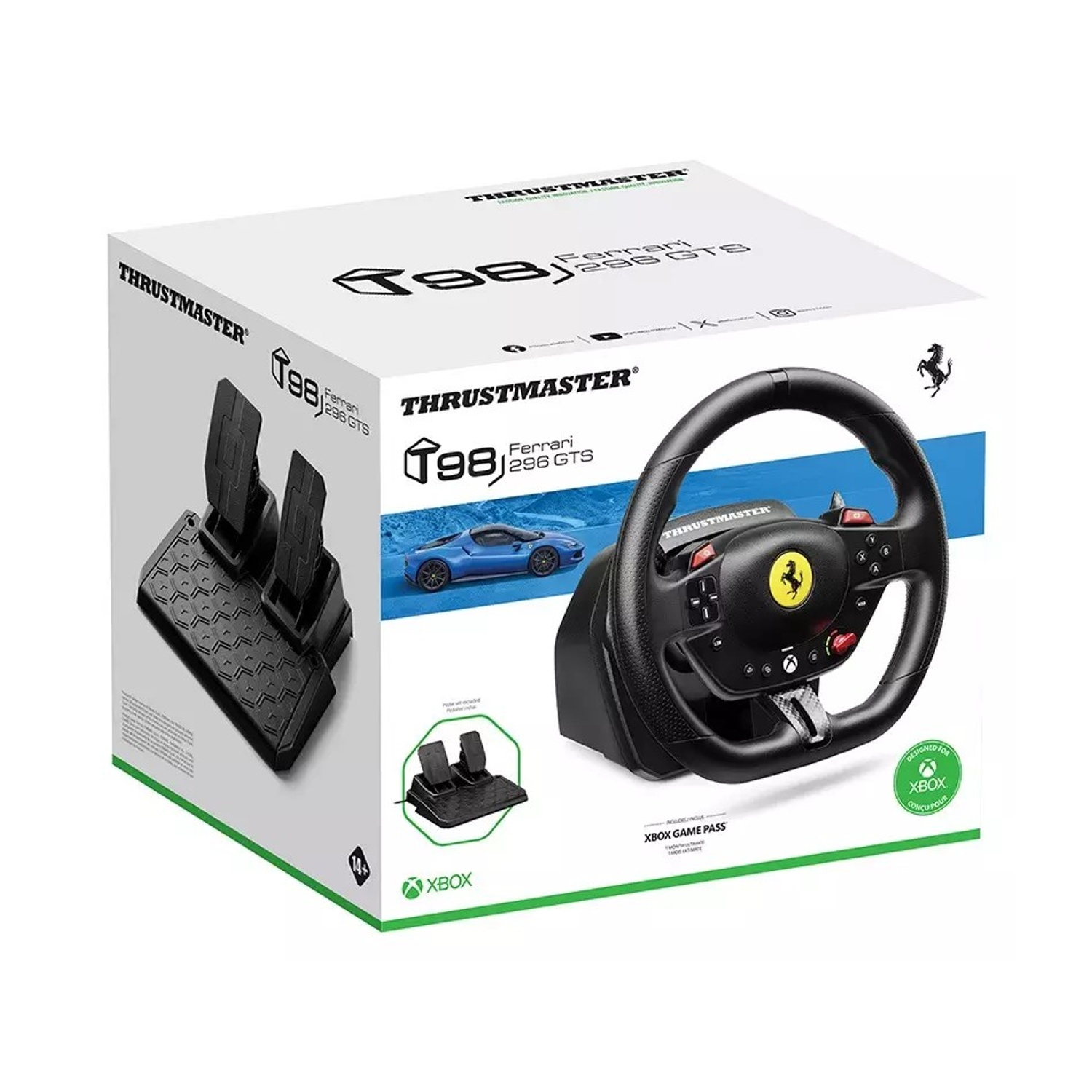Un set di volante da corsa Thrustmaster Ferrari 296 GTS. La scatola mostra il volante, i pedali e una Ferrari blu. Il logo Xbox Game Pass è visibile.