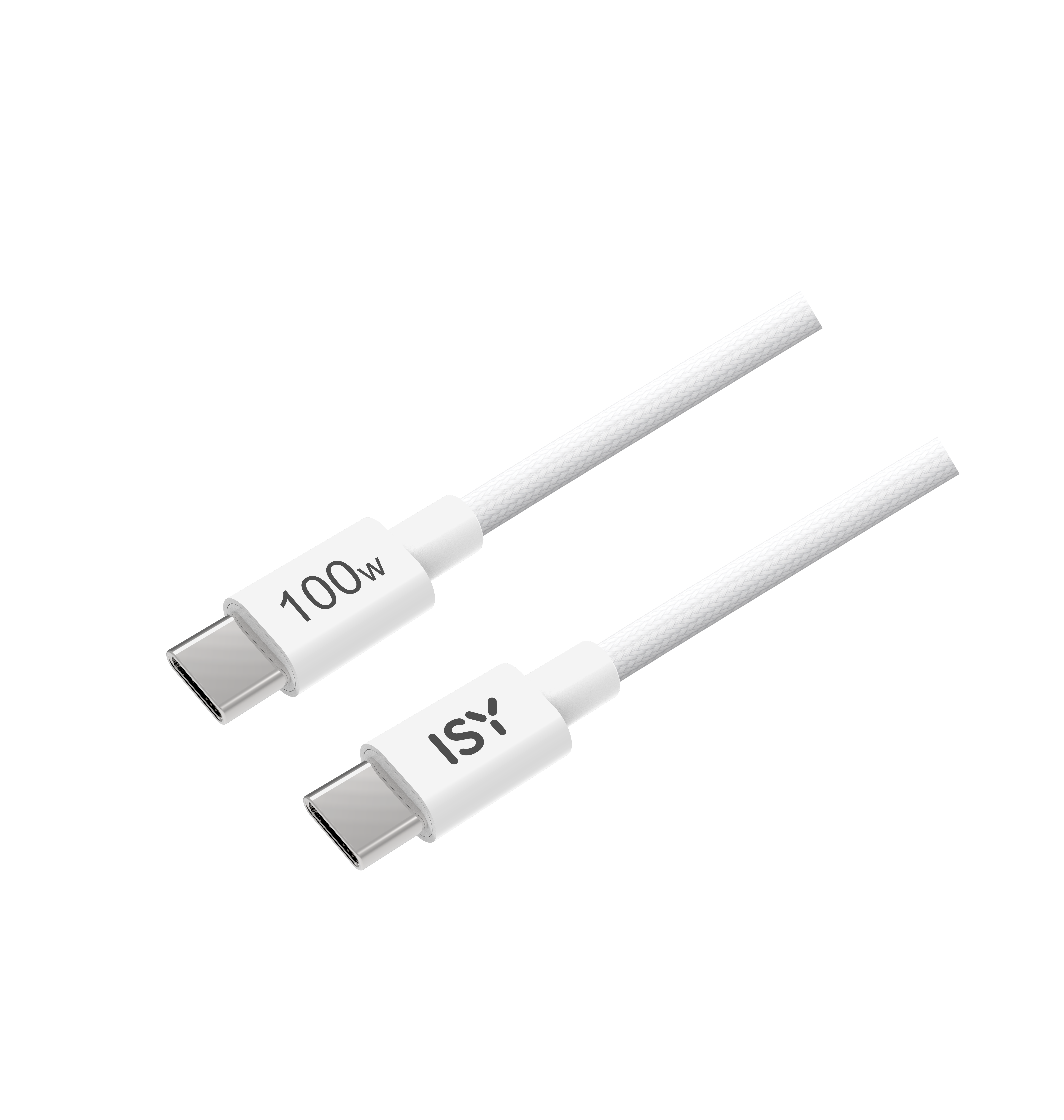 Siyah zemin üzerinde iki beyaz USB-C kablosu. Birinde '100W', diğerinde 'ISY' yazıyor.