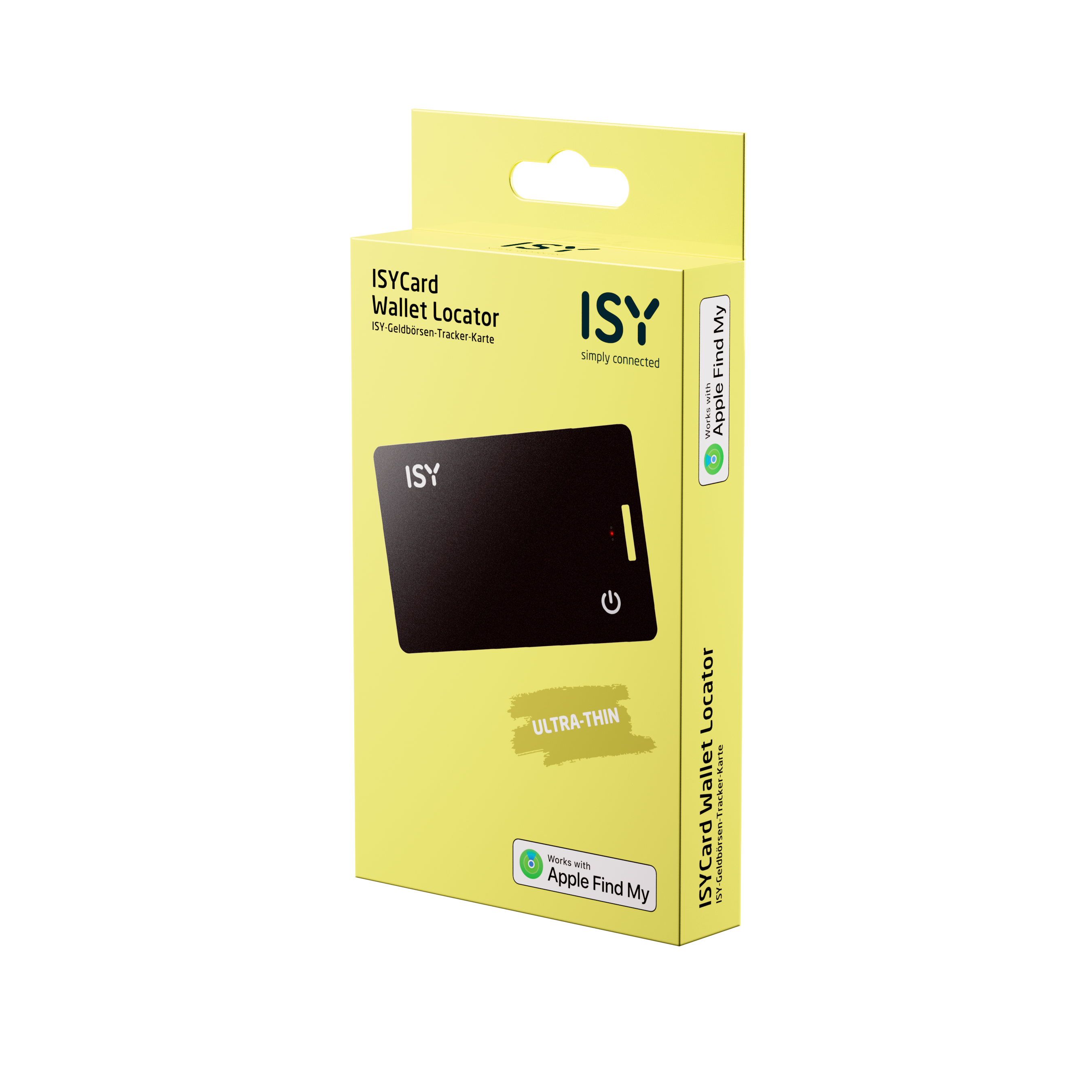 Sárga doboz fekete kártyával. A dobozon az 'ISYCard Wallet Locator' és az 'Apple Find My' felirat látható.