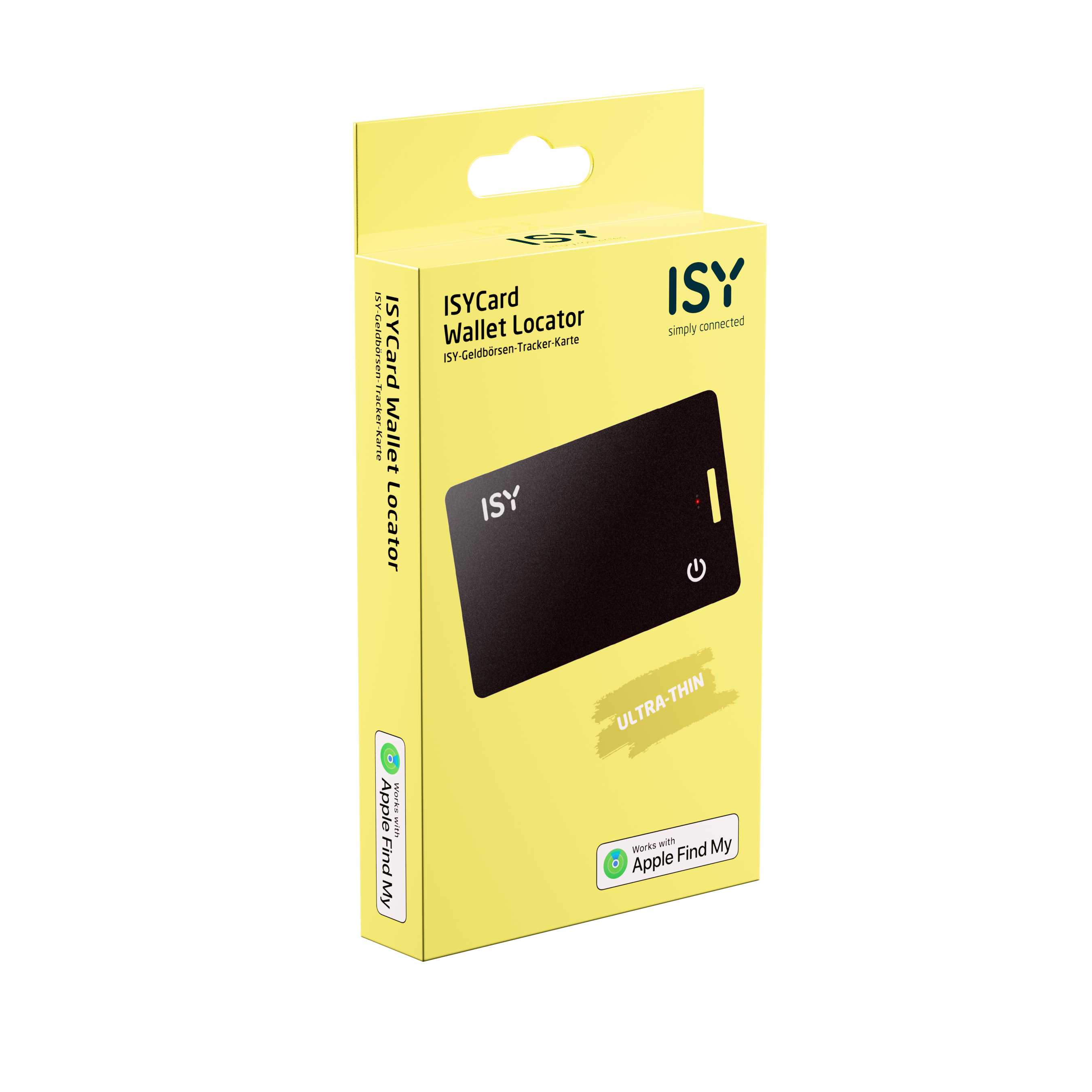 Egy sárga doboz, benne egy fekete nyomkövető kártyával. A dobozon az ISYCard Wallet Locator felirat szerepel, és működik az Apple Find My-val.