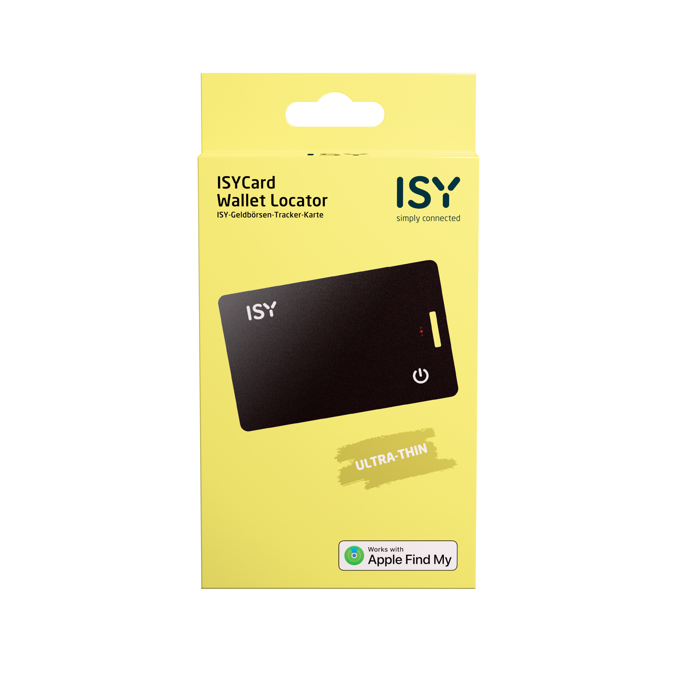 Egy fekete ISY pénztárca-kereső kártya egy sárga dobozban. A szöveg szerint ISYCard, Wallet Locator és Apple Find My.