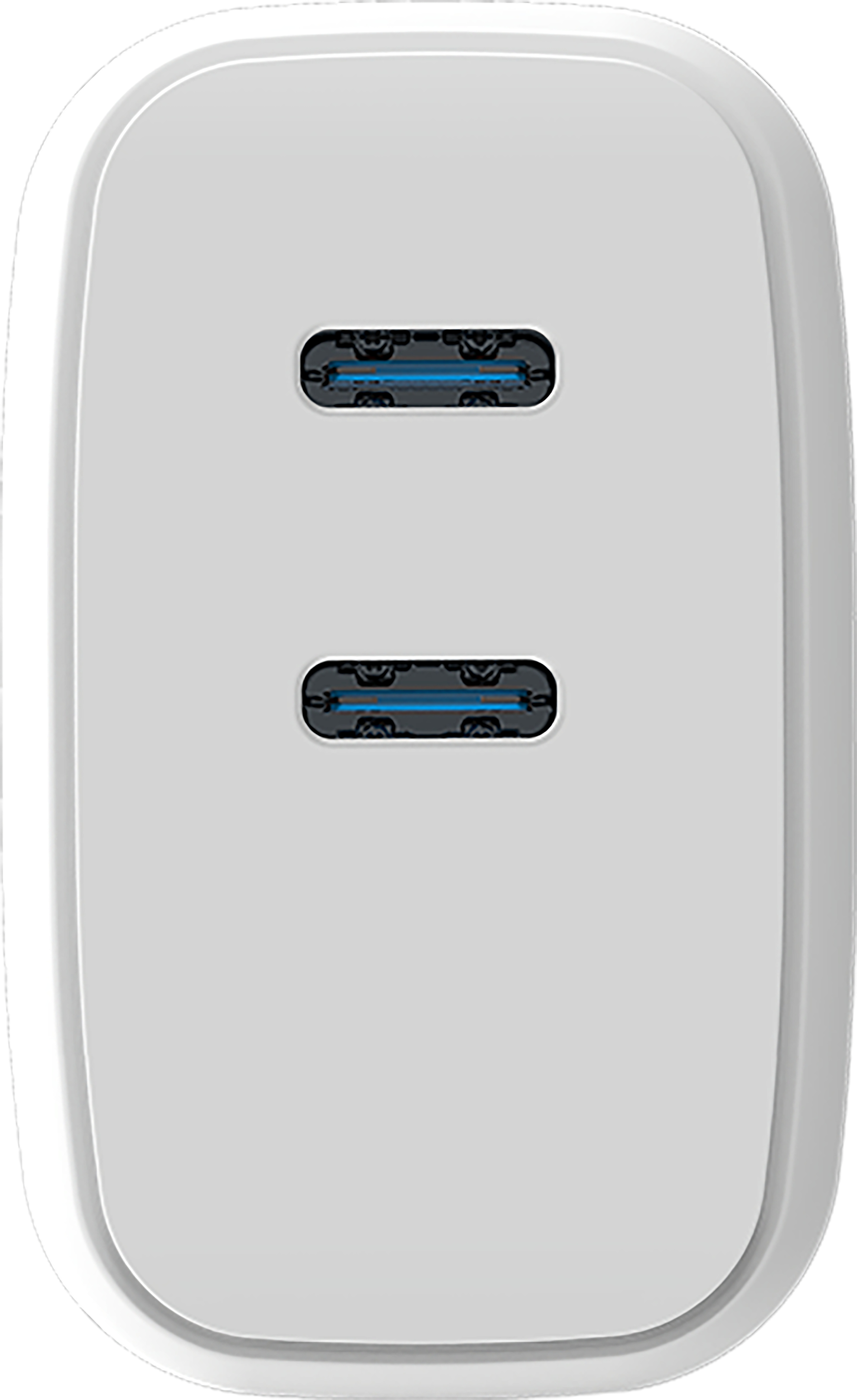 İki USB-C portlu, beyaz, oval şeklinde bir şarj cihazı. Portlar, mavi vurgularla koyu bir iç kısma sahiptir.