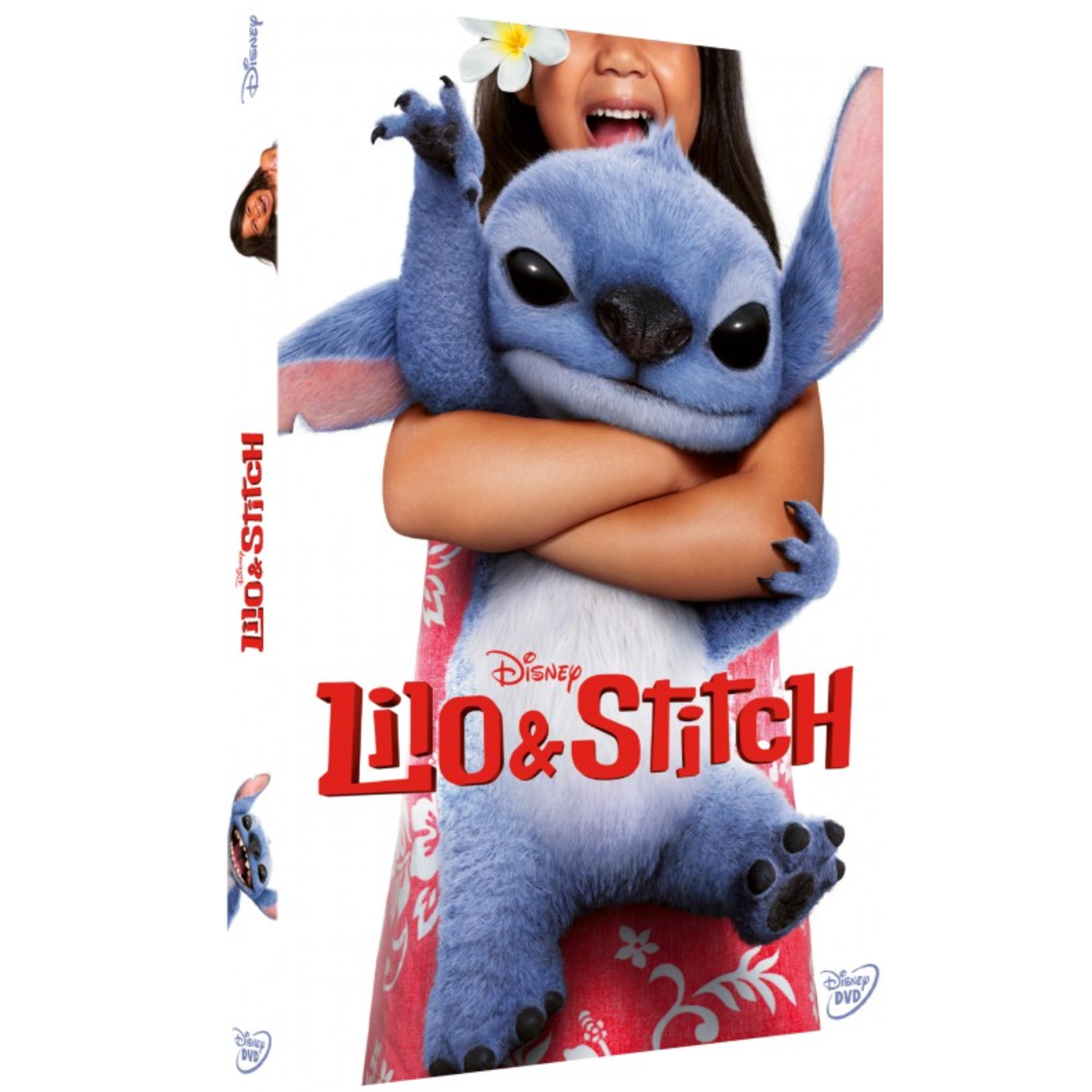 Une fille tient Stitch, l'extraterrestre bleu de Lilo & Stitch, sur une jaquette de DVD. Le titre est en rouge. Le fond est blanc.