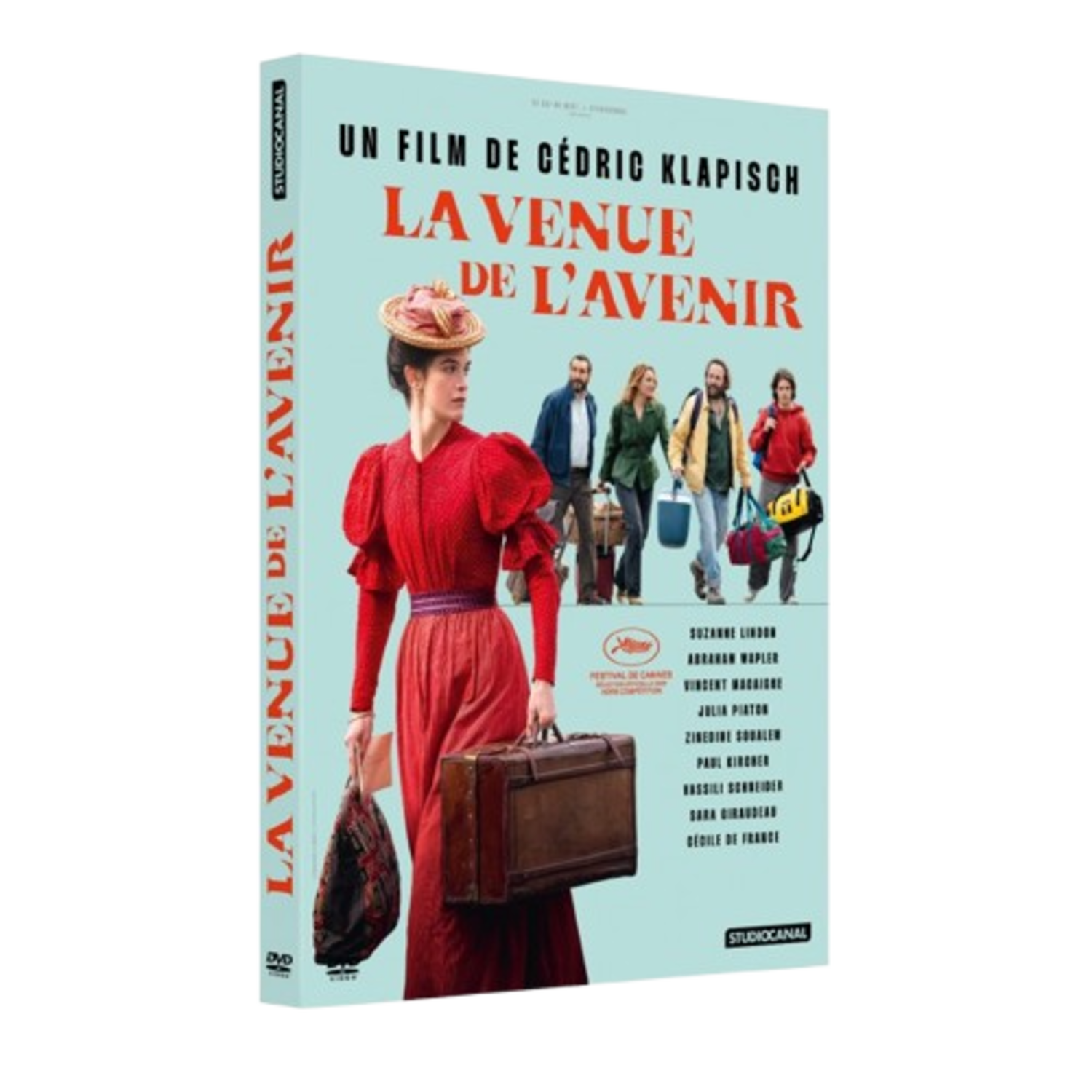 DVD-hoes van 'La Venue de l'Avenir'. Een vrouw in rode jurk staat voor een groep mensen. De titel wordt weergegeven.