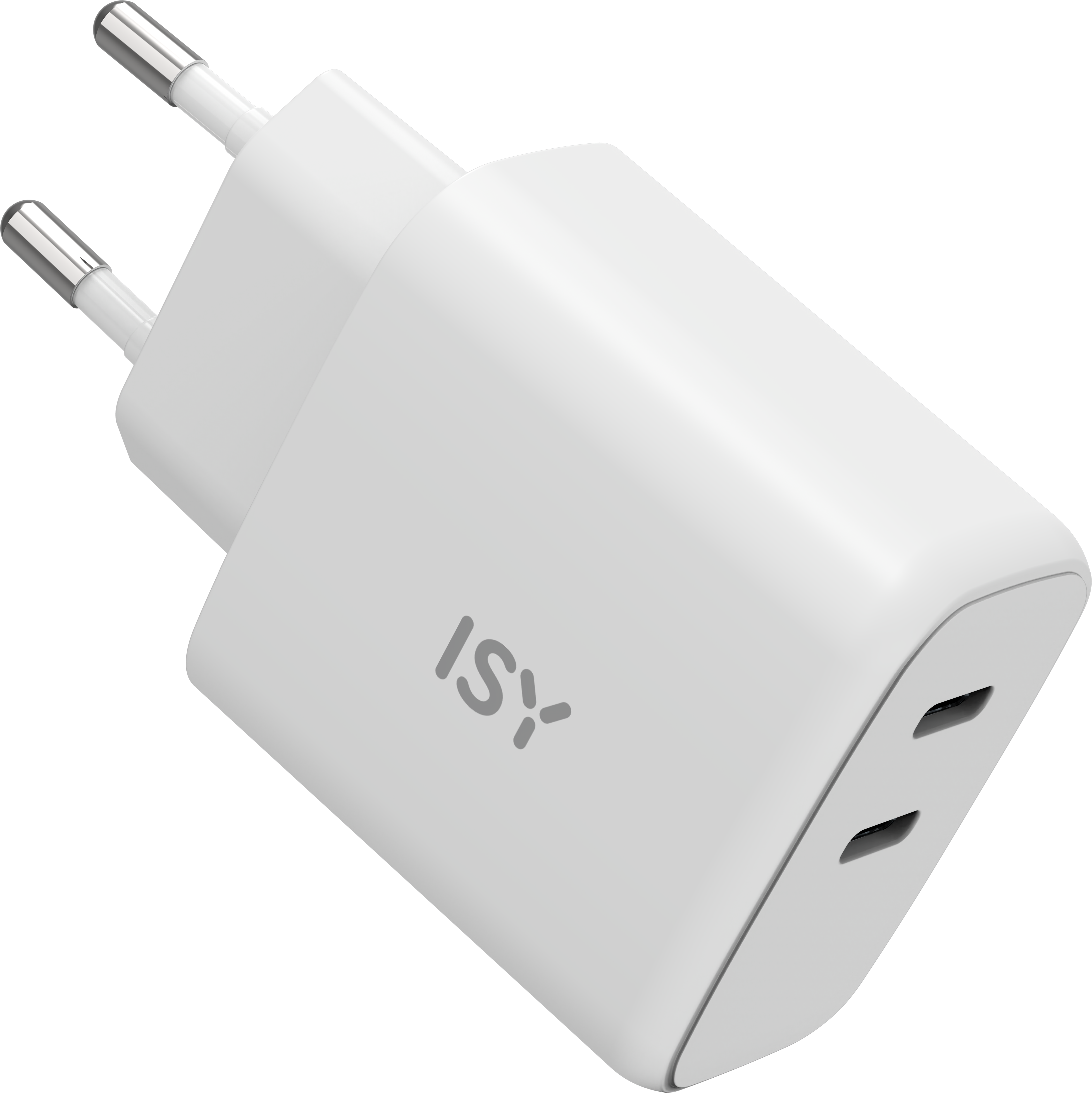 Siyah zemin üzerinde beyaz bir ISY şarj cihazı. İki gümüş renkli iğnesi ve iki USB-C portu var.