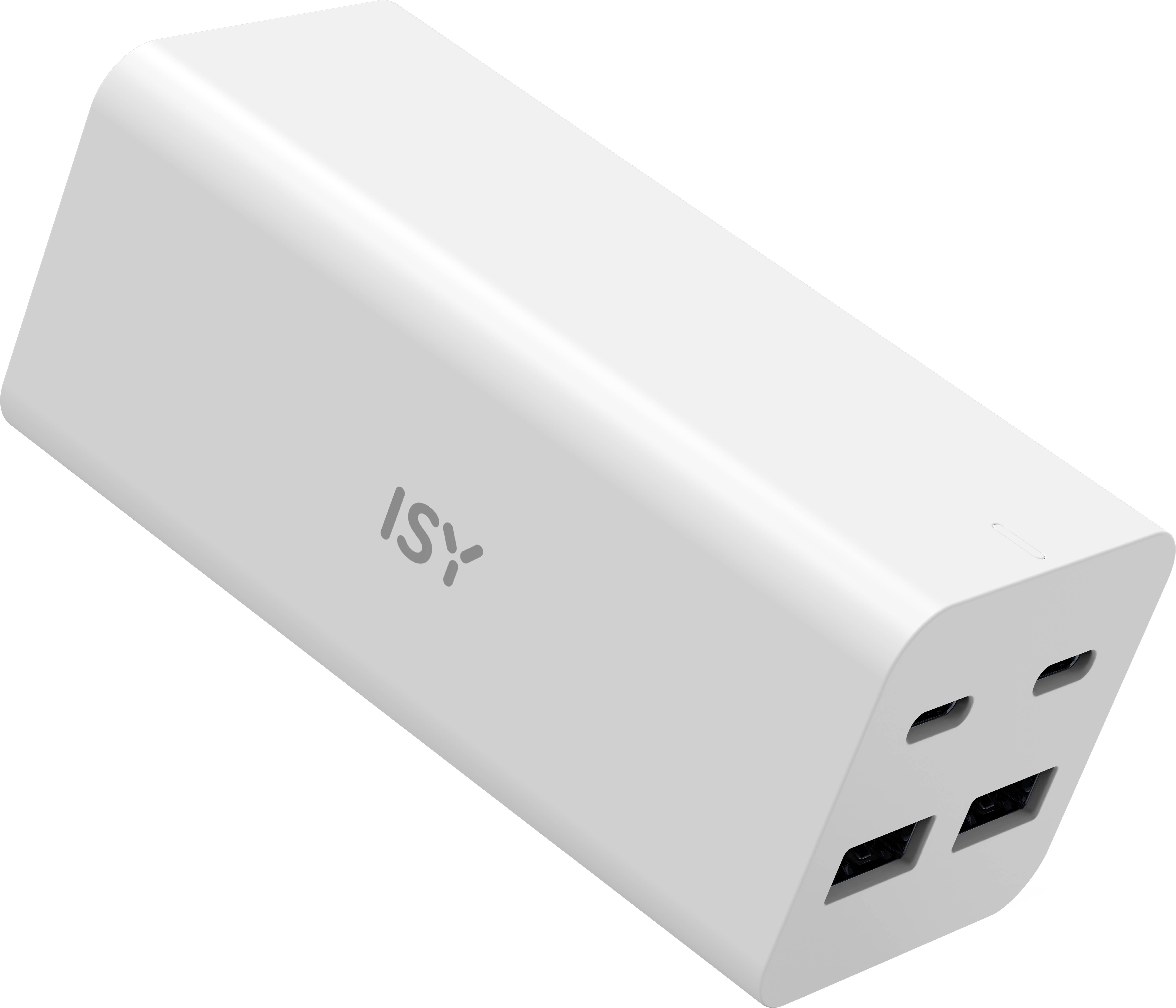 Eine weiße ISY Powerbank mit mehreren USB-Anschlüssen auf schwarzem Hintergrund. Das Logo ist sichtbar.