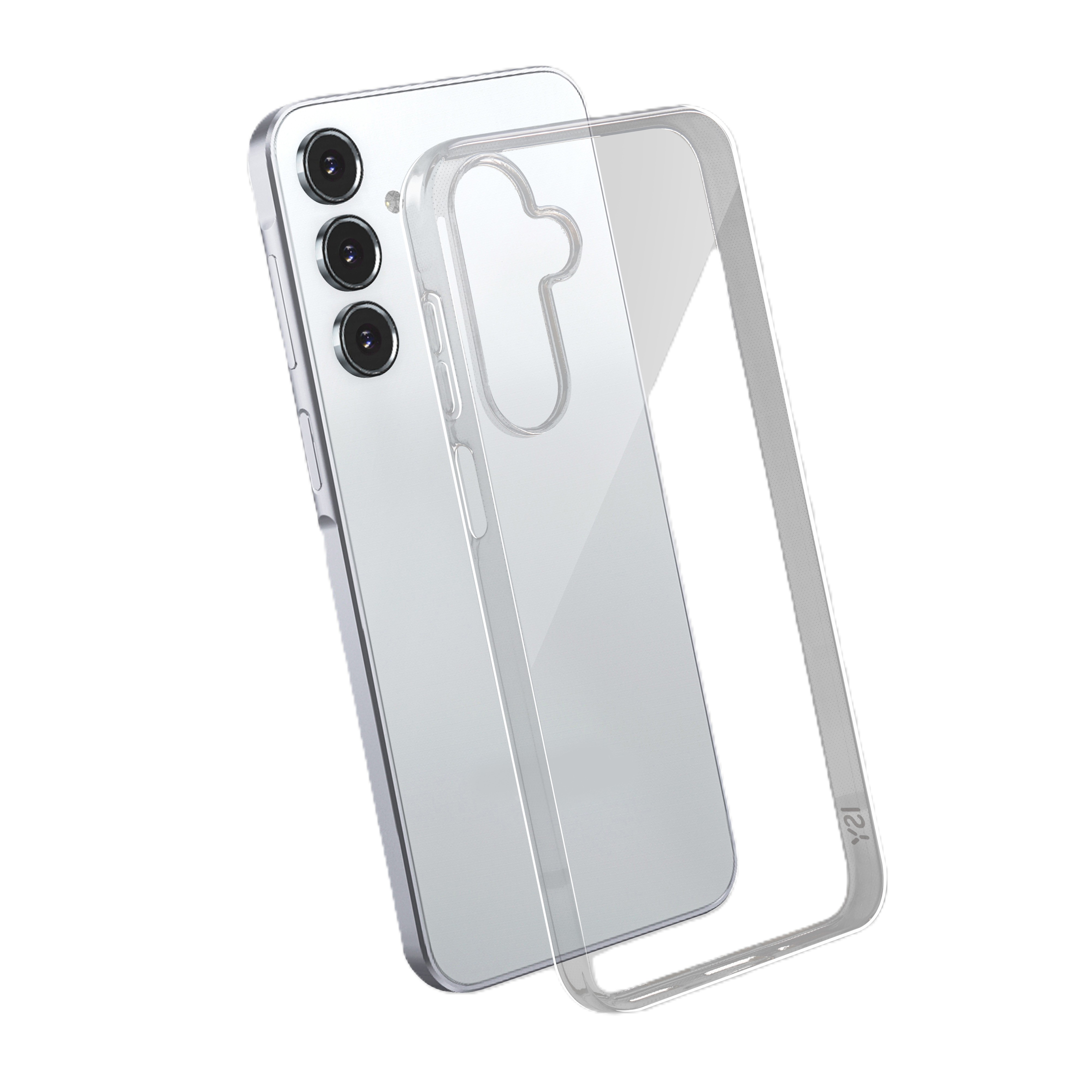 Ein silbernes Smartphone mit einer durchsichtigen Hülle wird gezeigt. Die Hülle ist vom Telefon getrennt.