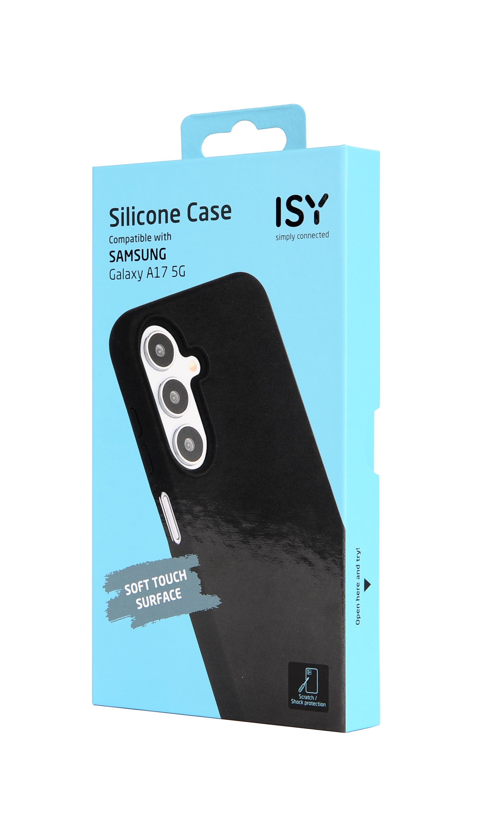 Eine Handyhüllenbox. Die Box ist hellblau und hat eine schwarze Handyhülle darauf. Es steht "Silikonhülle" und "ISY".