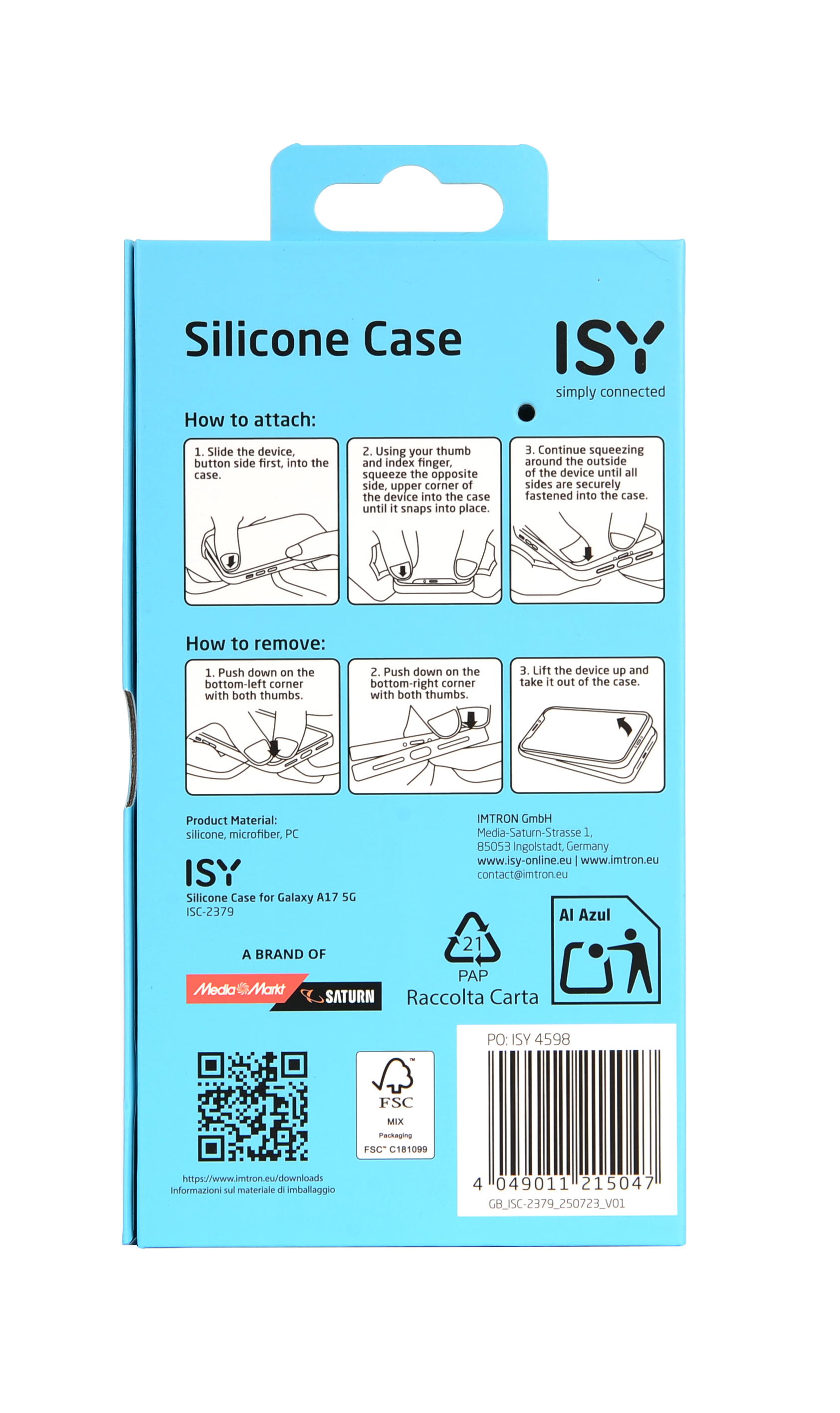 Eine blaue Silikon-Case-Box mit Anweisungen. Sie zeigt das ISY-Logo, die Marken Media Markt und Saturn sowie Produktinformationen.