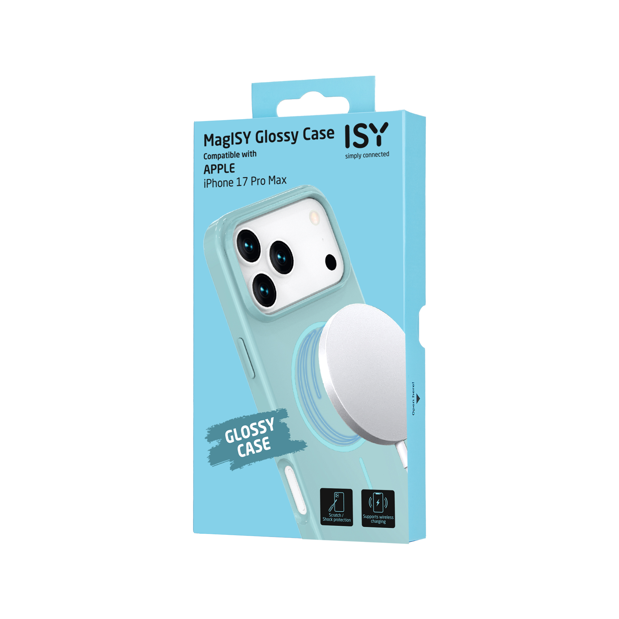 Eine Handyhülle-Box zeigt eine Handyhülle mit angeschlossenem MagSafe-Ladegerät. Text: MagISY Glossy Case, iPhone 17 Pro Max.