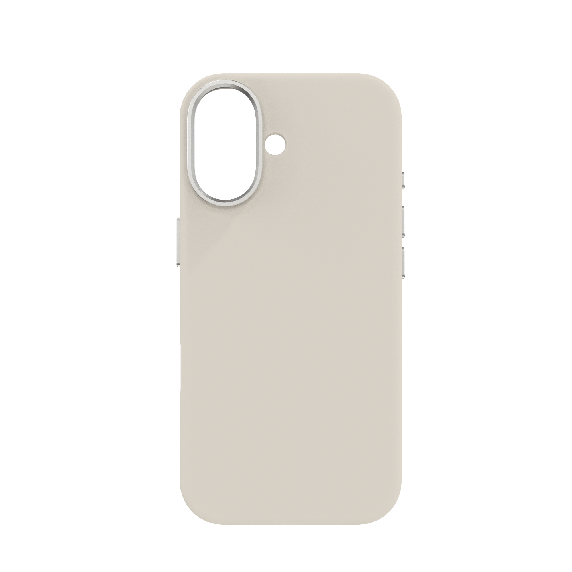 Eine hellbeige Handyhülle mit einem ovalen Kameraausschnitt und drei Knöpfen an der Seite, vor weißem Hintergrund.