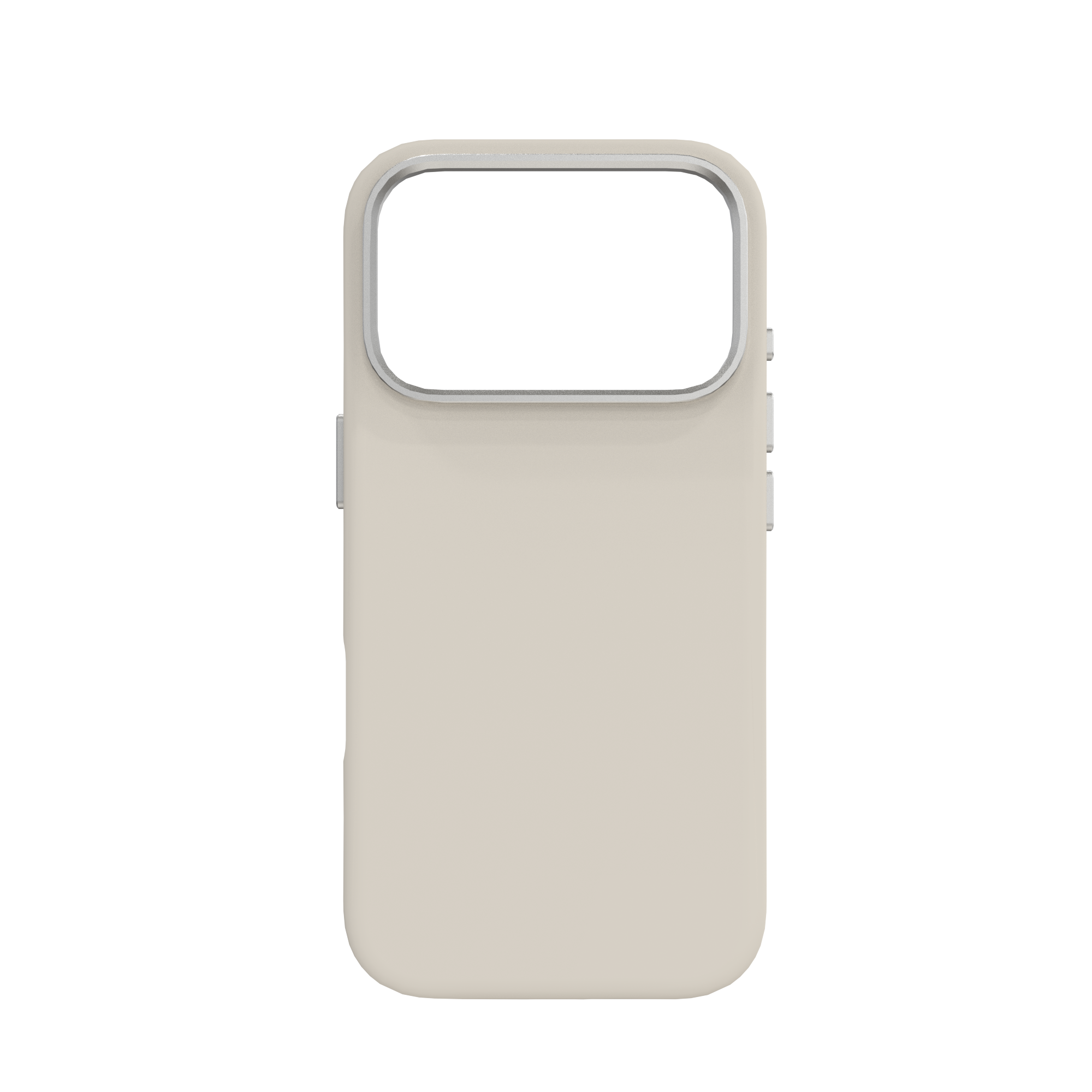 Eine beige Handyhülle mit Kameraausschnitt und silberner Umrandung auf weißem Hintergrund.