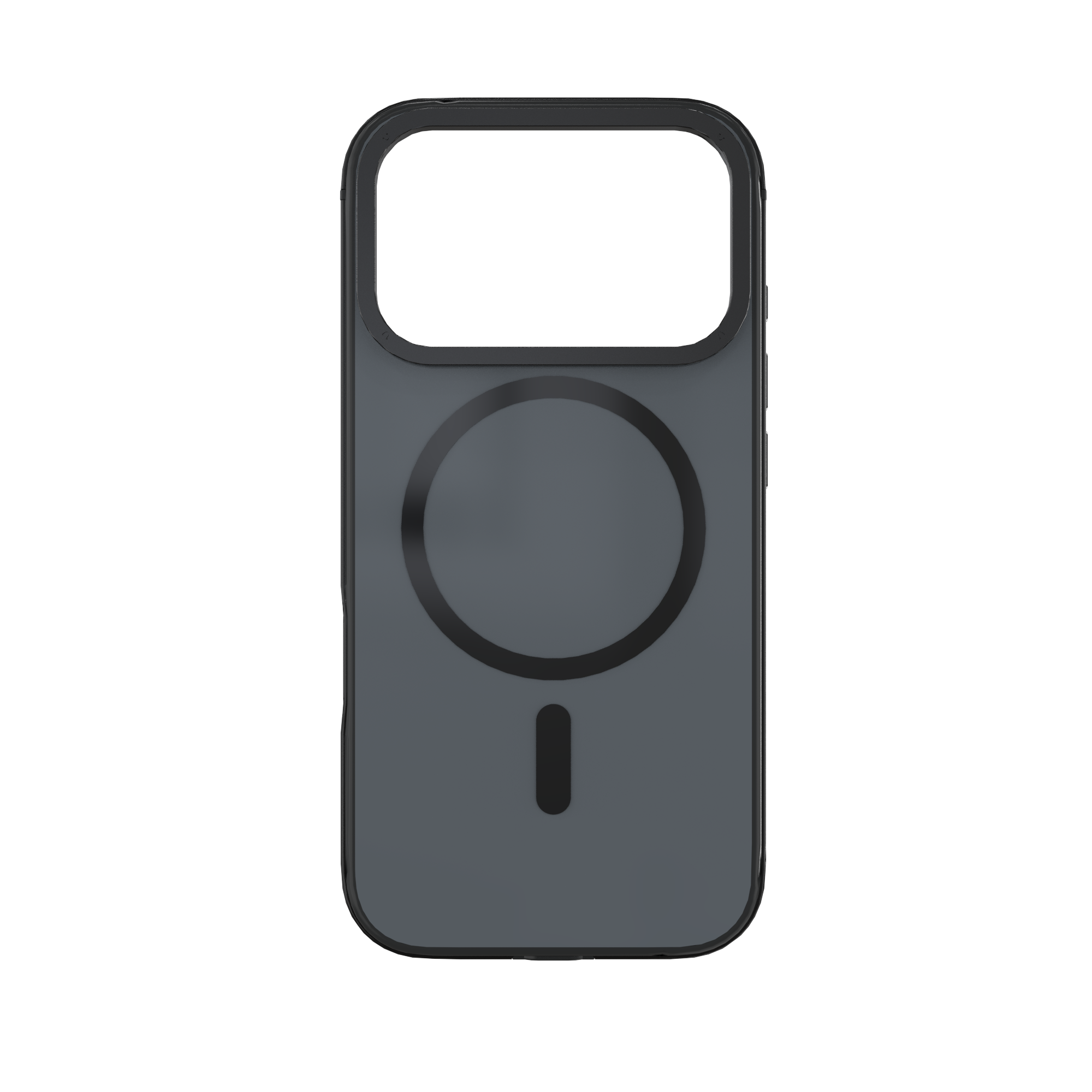 Eine dunkelgraue Handyhülle mit schwarzem Rahmen und rundem MagSafe-Design, isoliert vor weißem Hintergrund.