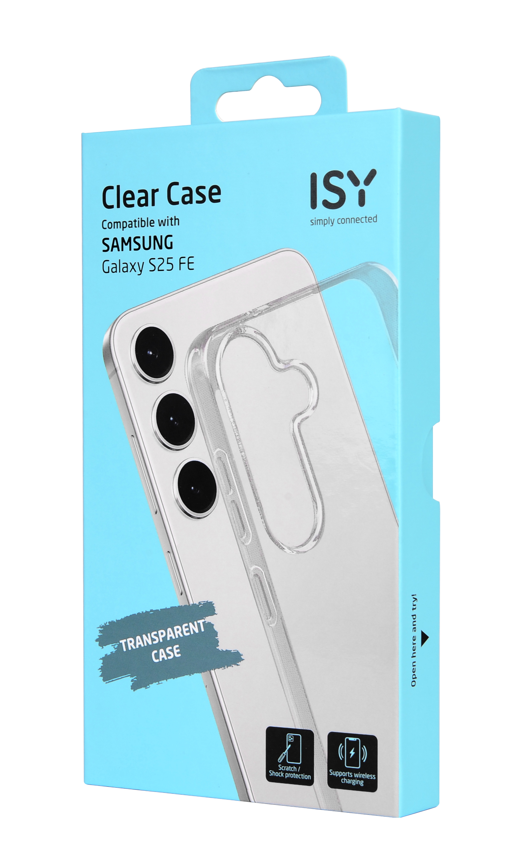 Eine Handyhüllenbox. Sie ist blau mit Text wie 'Clear Case' und 'SAMSUNG Galaxy S25 FE'. Ein Handy mit Kameralinsen ist sichtbar.