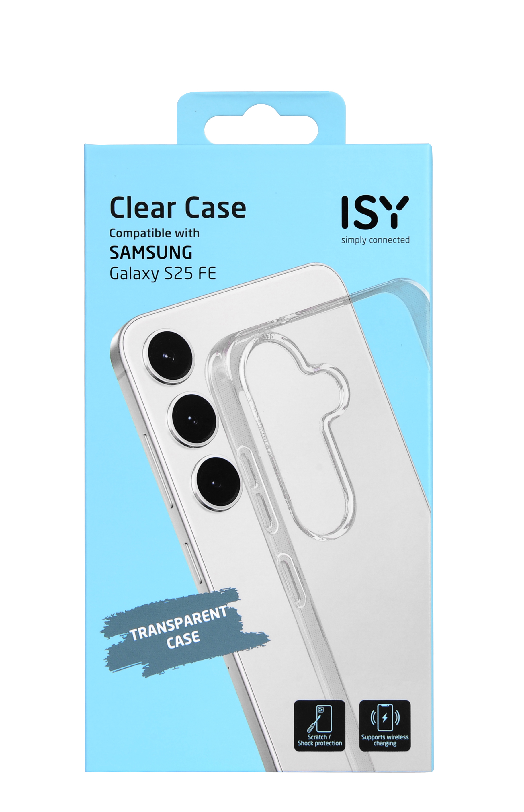 Verpackung einer durchsichtigen Handyhülle. Die Hülle ist für ein Samsung Galaxy S25 FE. Der Hintergrund ist hellblau.